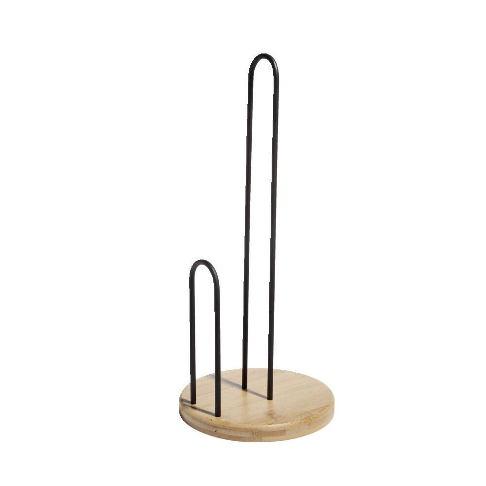 Porte essuie tout fer noir et base bambou Ø15xH34cm