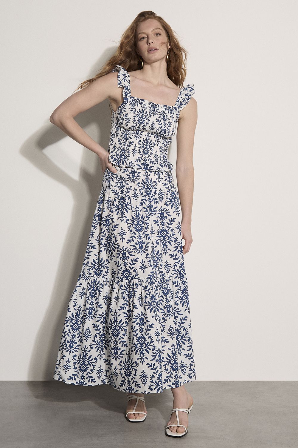 Apricot Folk Ikat Print Cotton Tiered Maxi Skirt