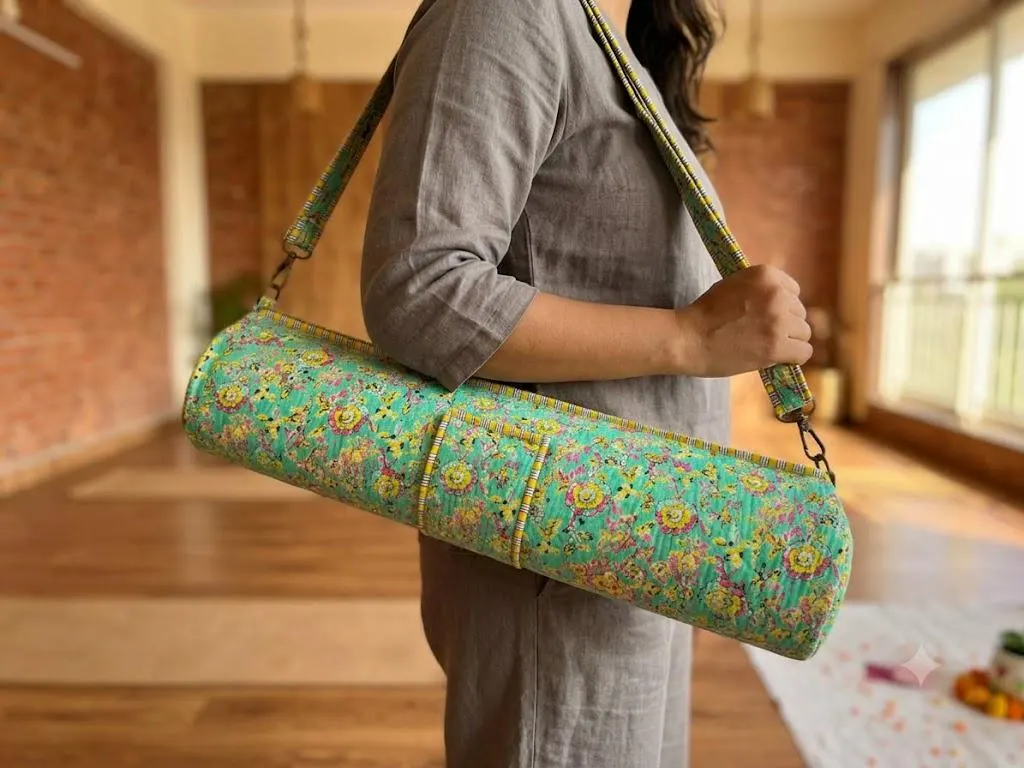 Handcrafted Quilted Cotton Yoga Mat Bag | Block Print Mat Carrier with Adjustable Shoulder Strap & Mobile Pocket