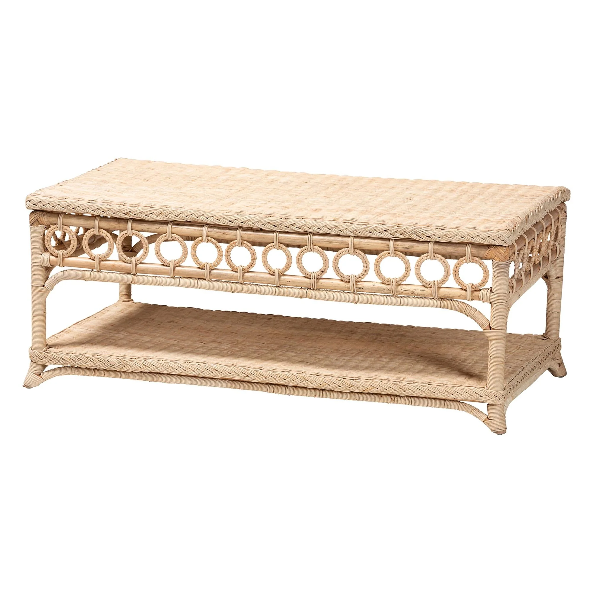 Oxford Braided Natural Rattan Coffee Table with Open Shelf - Coastal Living Room Accent Table with Decorative Loop Detailing
