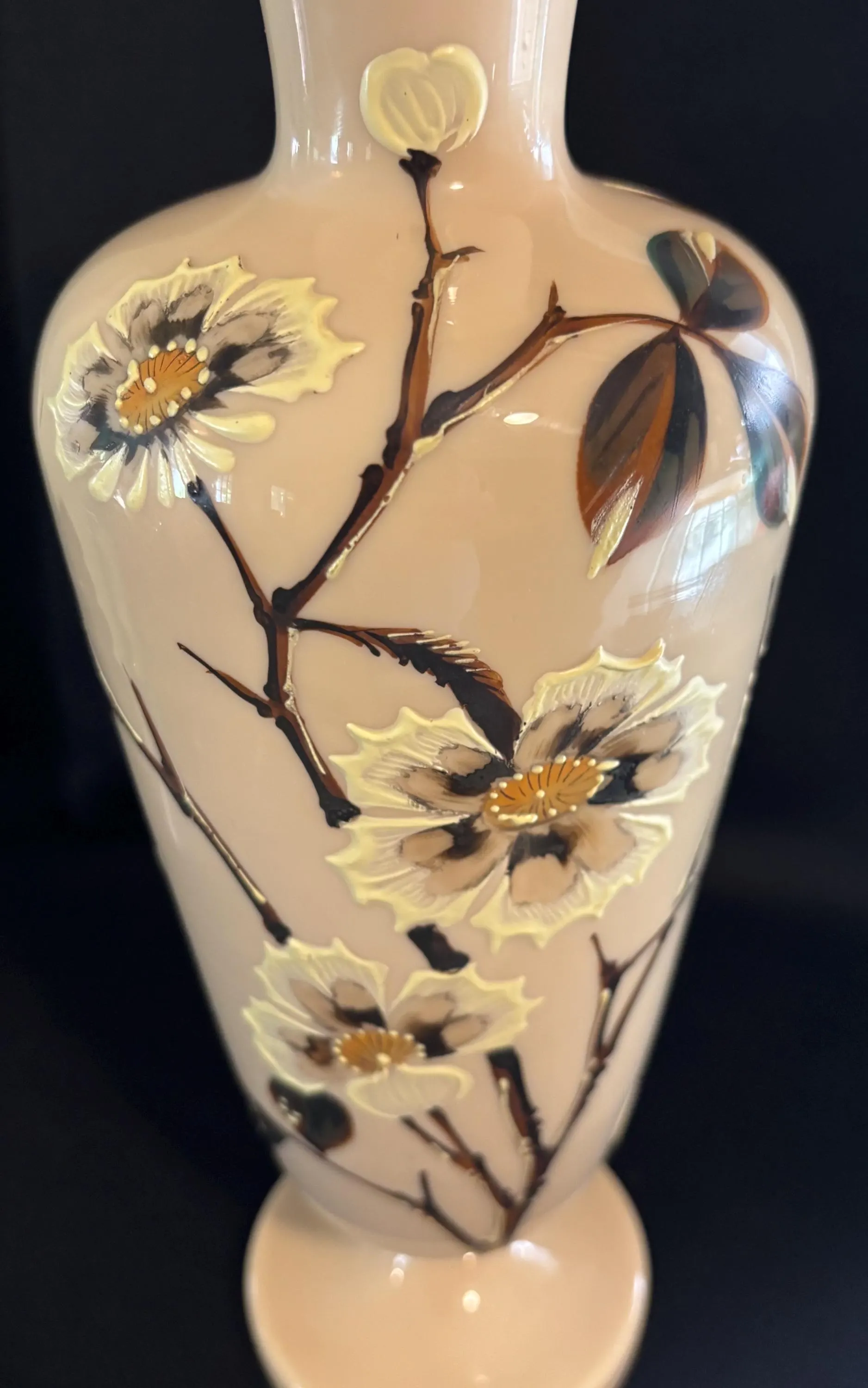 Antique Large Caramel Bristol Glass Vase w/ Hand painted Wild Rose Flowers