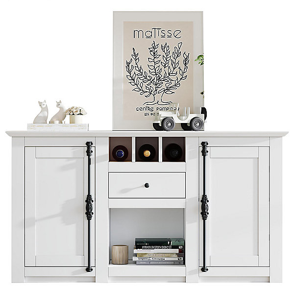 Buffet salon 130x35x70 cm, 2 portes   tiroir, casiers à bouteilles, blanc