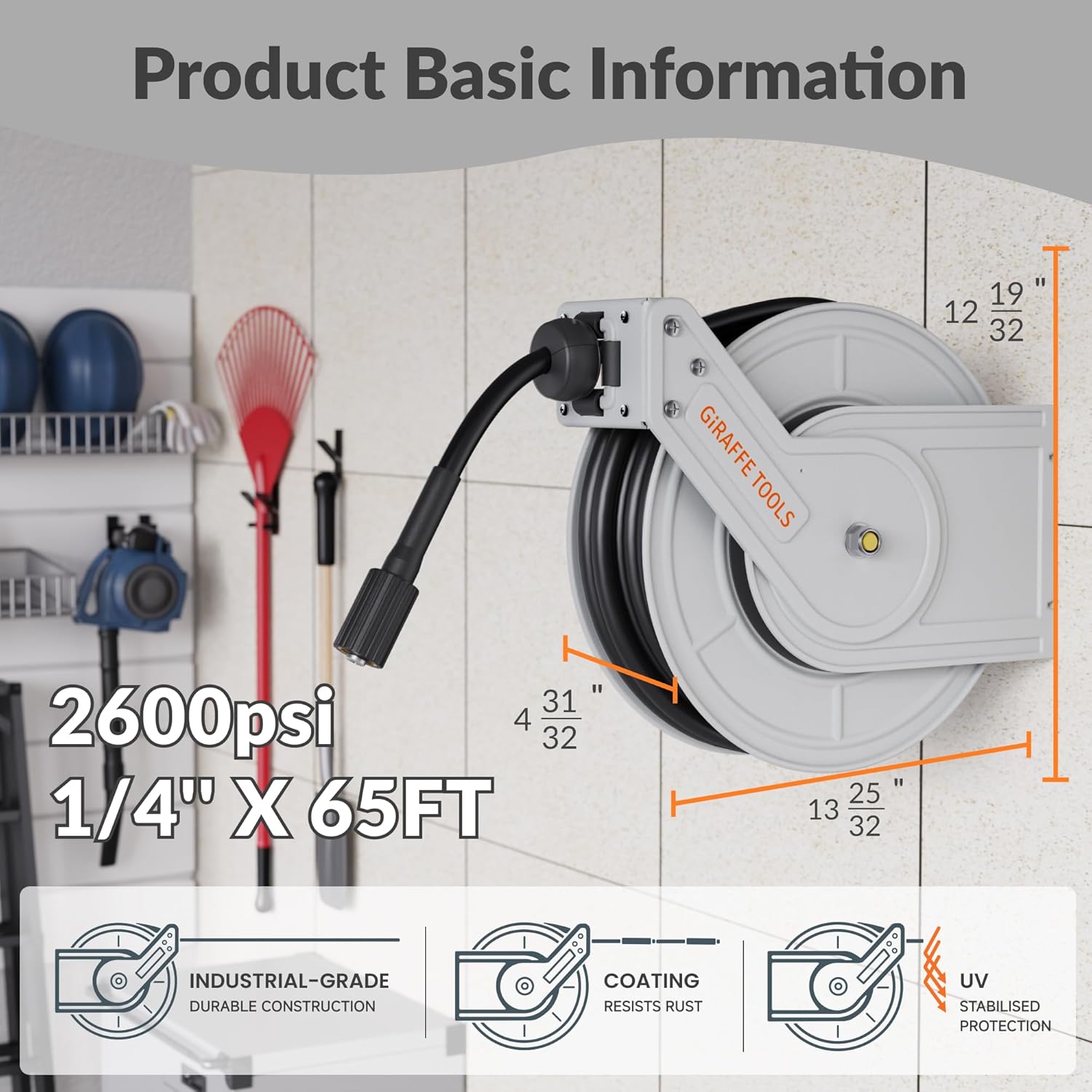 Giraffe Tools Pressure Washer Hose Reel 65ft, Power Washer Hose Reel, Pressure Washer Retractable Hose Reel, Heavy Duty, Wall/Floor Mounted, 2600 PSI