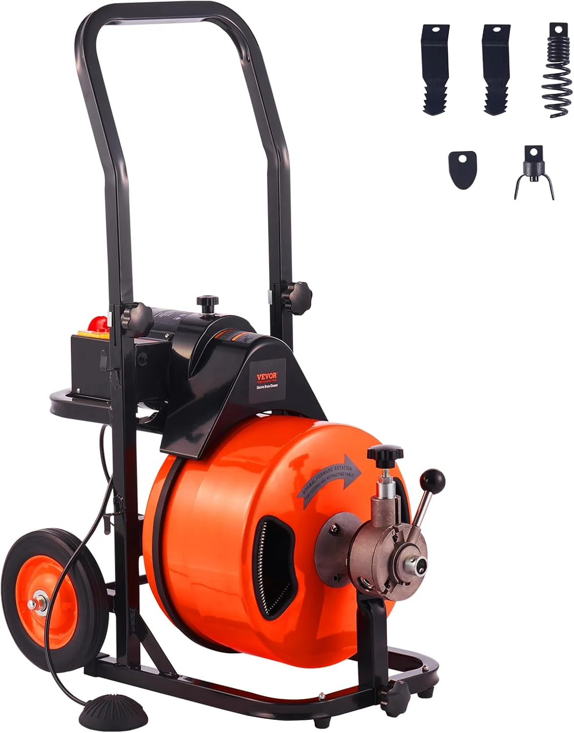 Drain Cleaner Machine 100FT x 1/2Inch, Auto Feed Sewer Snake Auger with 4 Cutter  Air-activated Foot Switch for 1 to 4 Pipes, Orange, Black