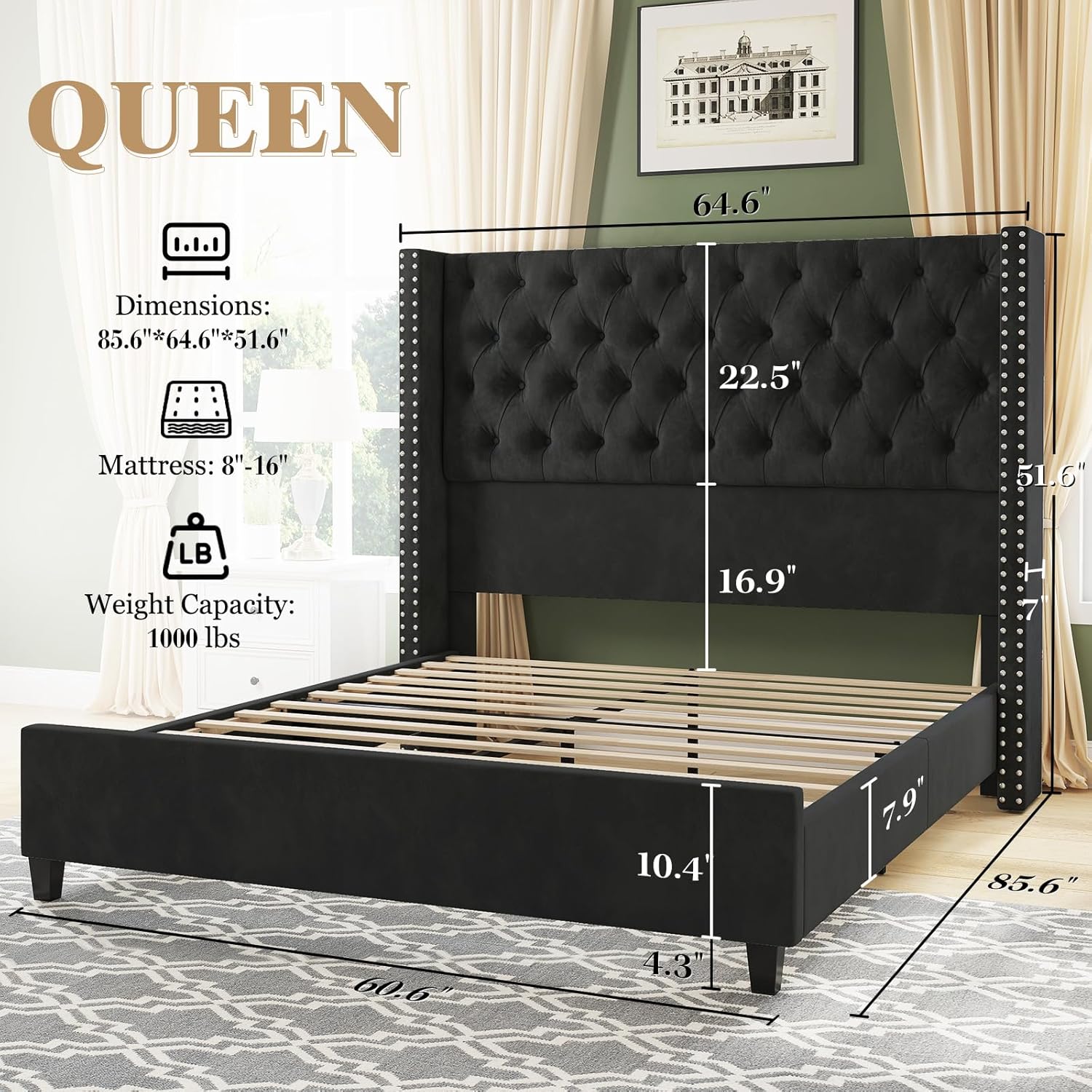 Jocisland Queen Size Bed Frame with 51.6” Wingback Tufted Velvet Headboard, Modern Upholstered Platform Bed, No Box Spring Needed, Easy Assembly, Black