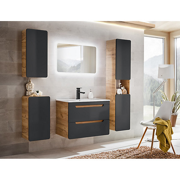 Meuble de rangement salle de bain ERBANO1 porte35x75 cmChene clair et gris anthracite