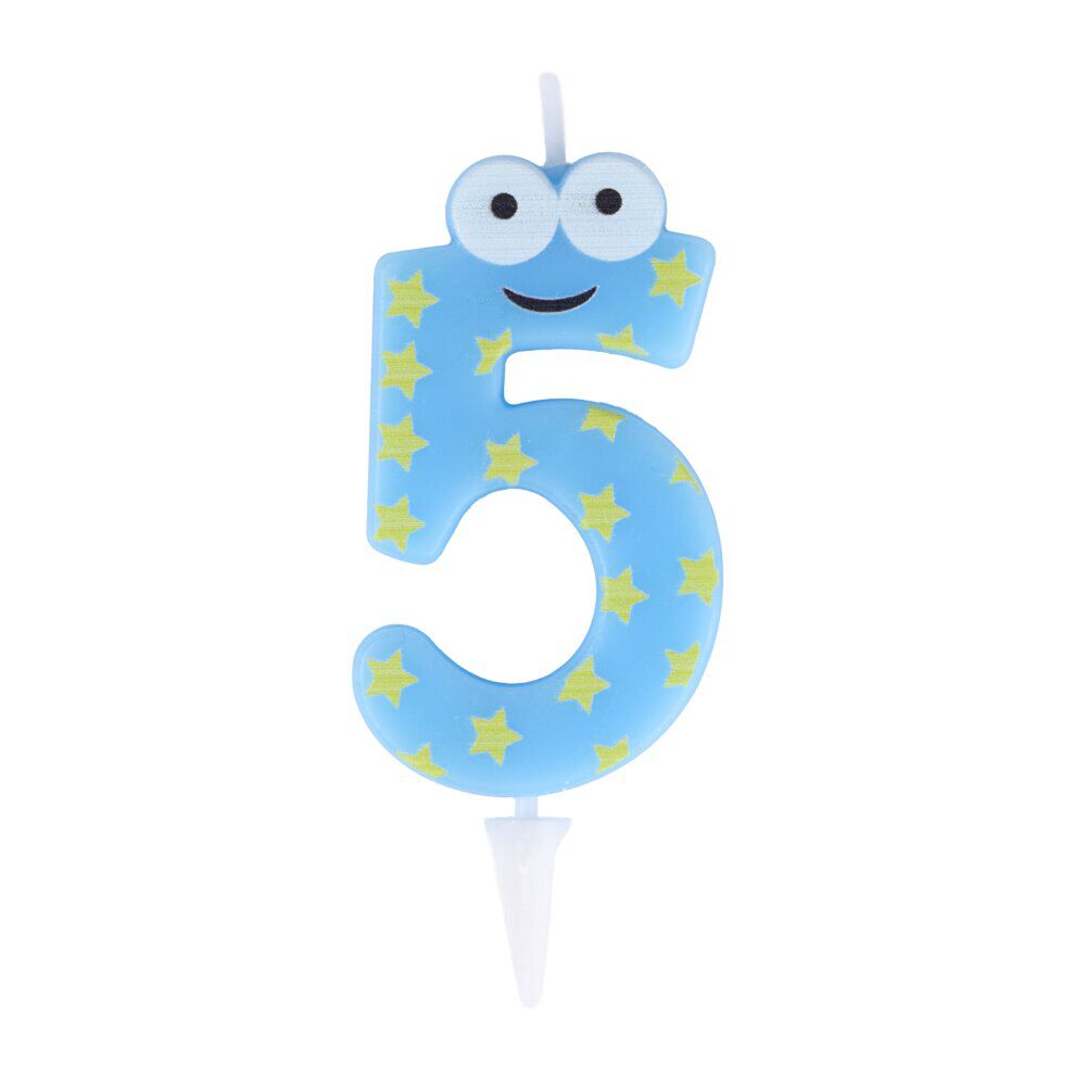 Bougie chiffre 5 cire personnage étoiles bleu et jaune H8,5cm