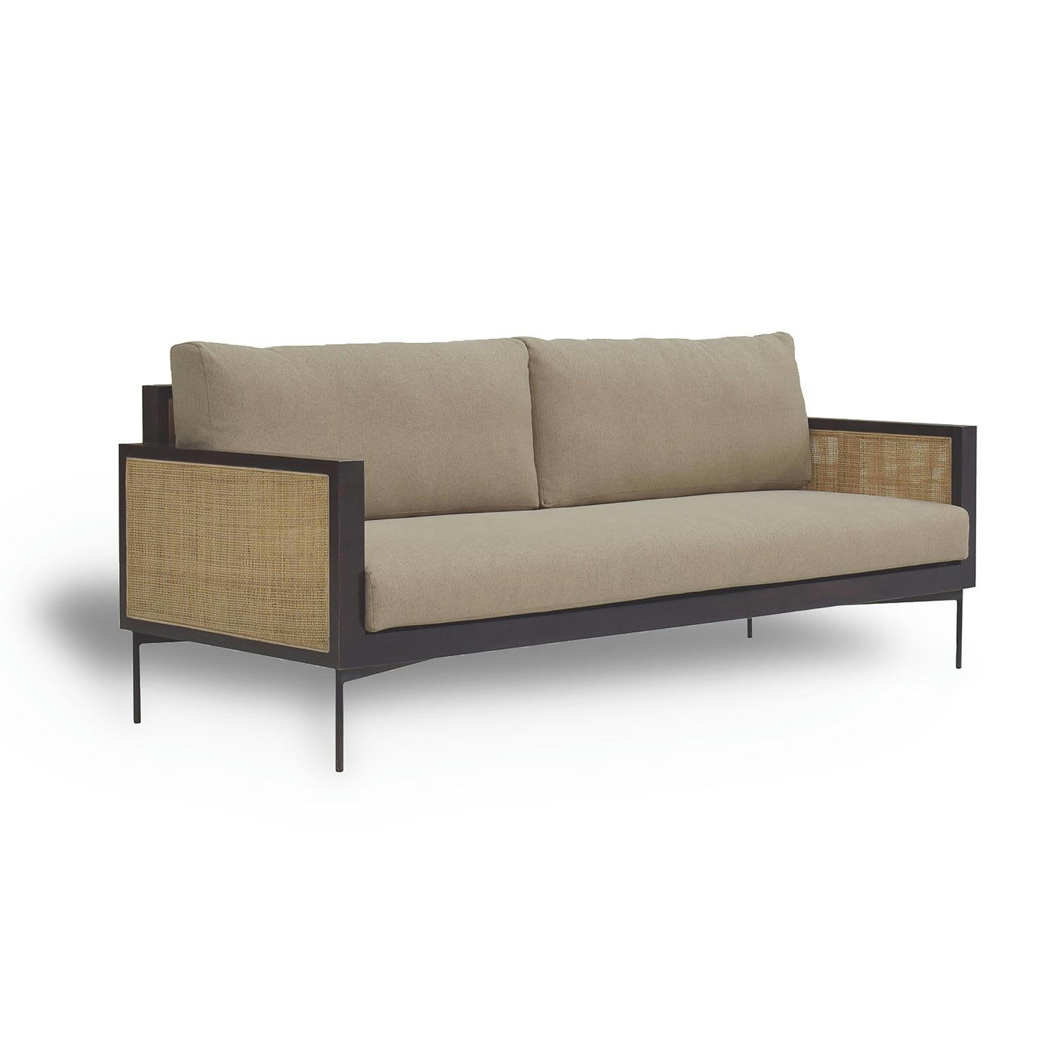 TONKIN - Canapé 3 places en tissu taupe structure en rotin et bois de manguier