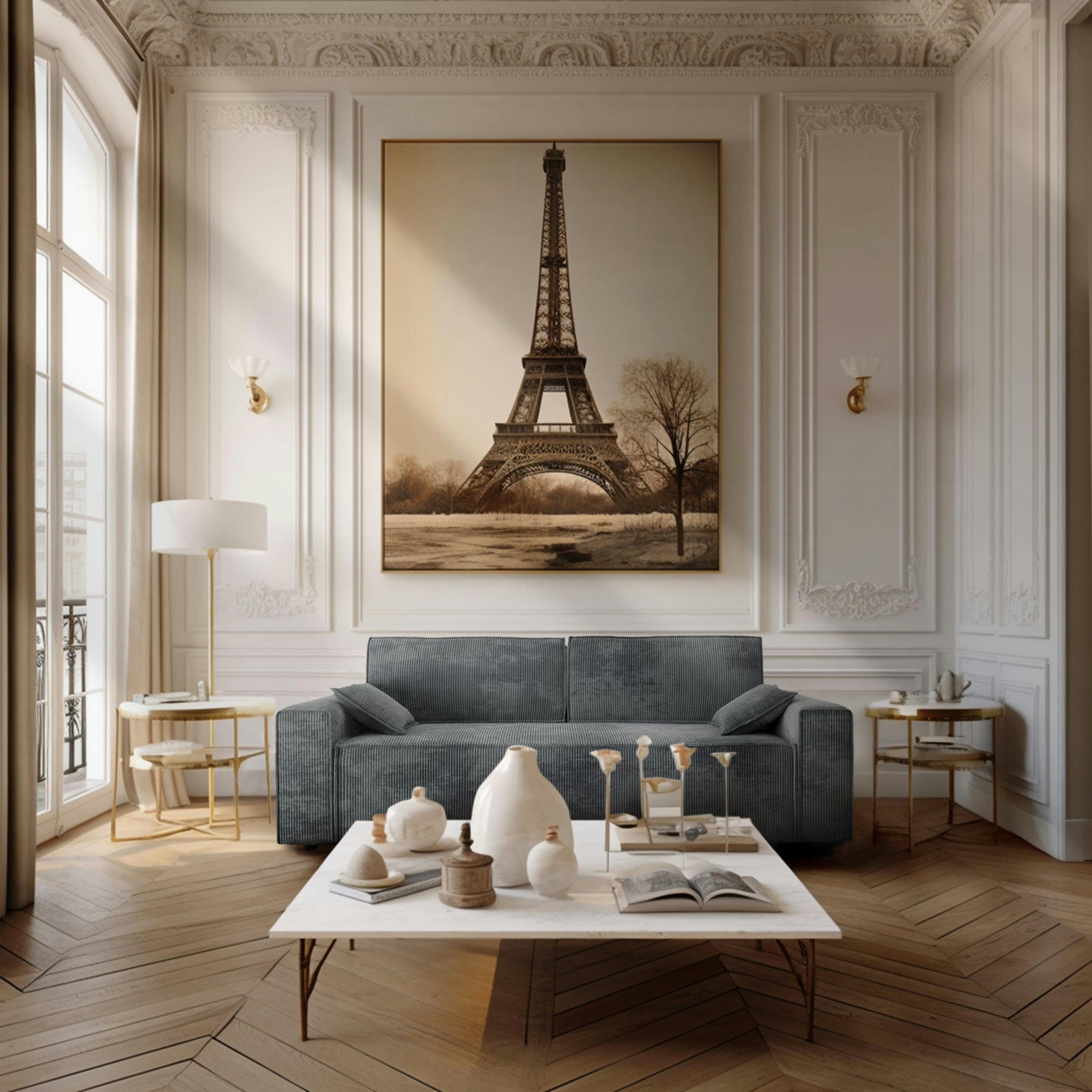 DURIF - Canapé droit convertible 3 places en velours côtelé gris souris