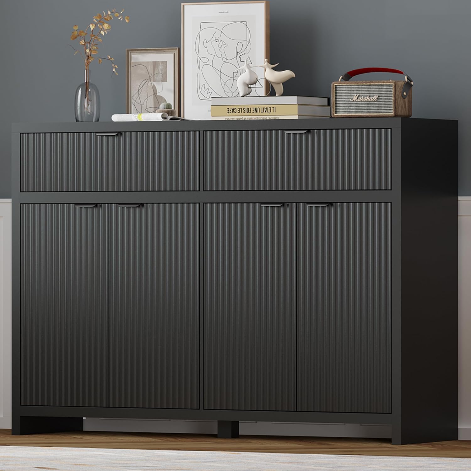 Fluted Sideboard Buffet Cabinet with Storage and Large Drawers, 55 Credenza Storage Cabinet for Living Room & Entryway, Farmhouse Buffet Table with Adjustable Shelves, Console Cabinet, Balck