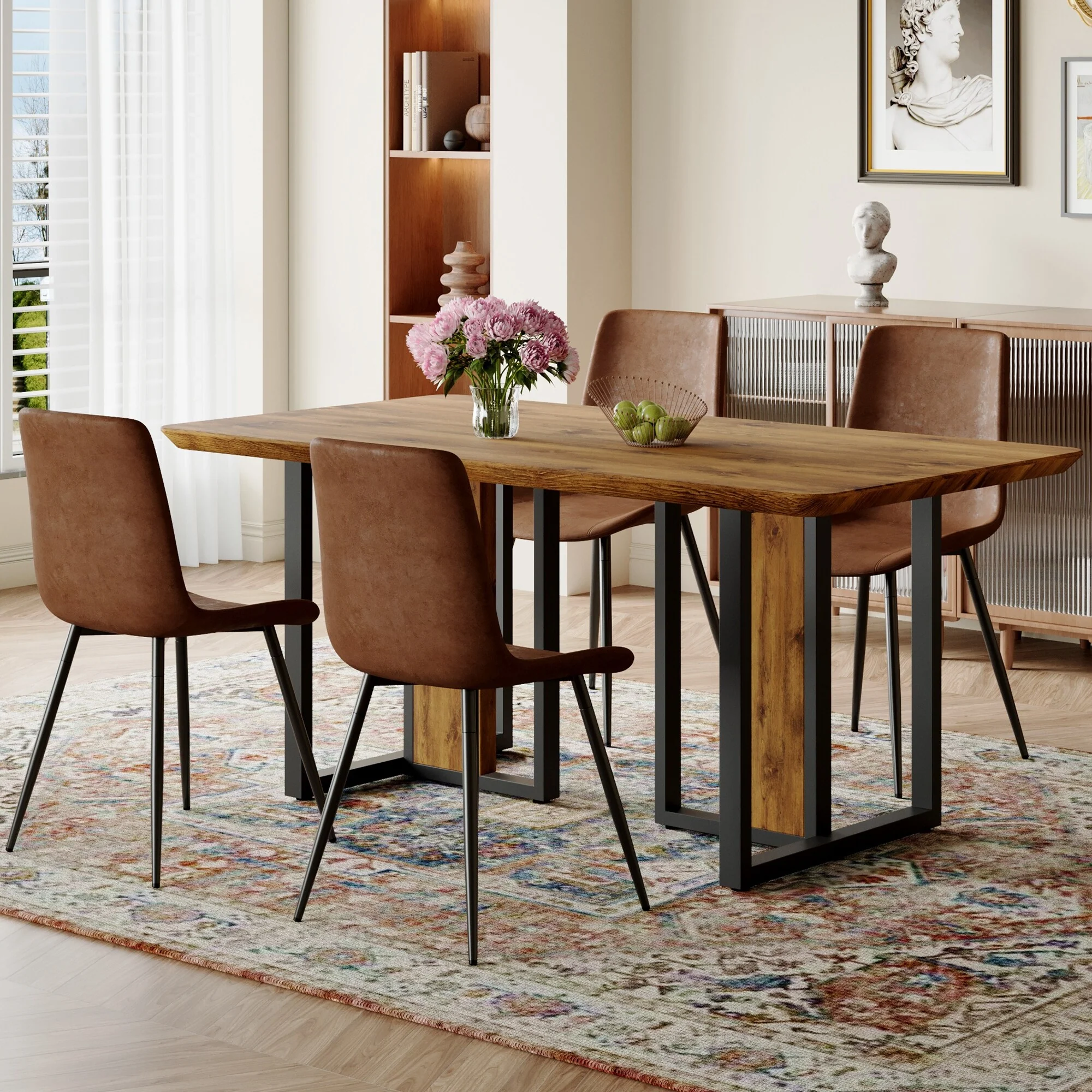 5 Piece Dining Table Set, 67 Wood Rectangular Table with 4 Brown Suede Chairs 4 Seater Dining Set for Kitchen Dining Room