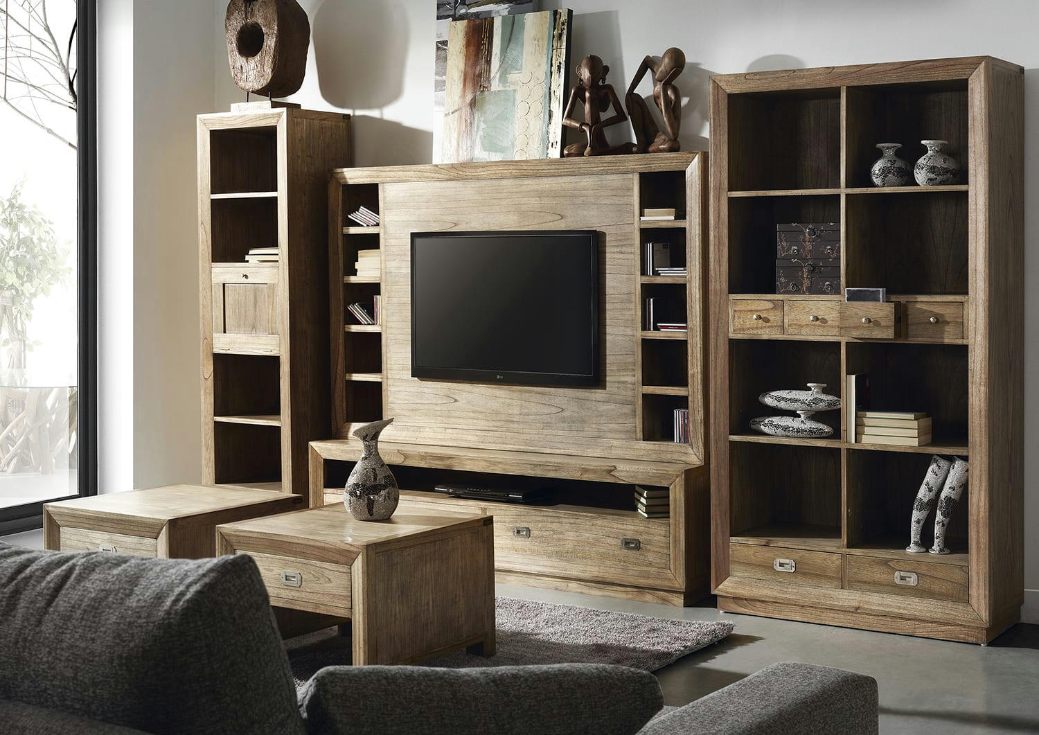 MERAPI - Bibliothèque en bois de mindi beige 8 espaces H190 cm