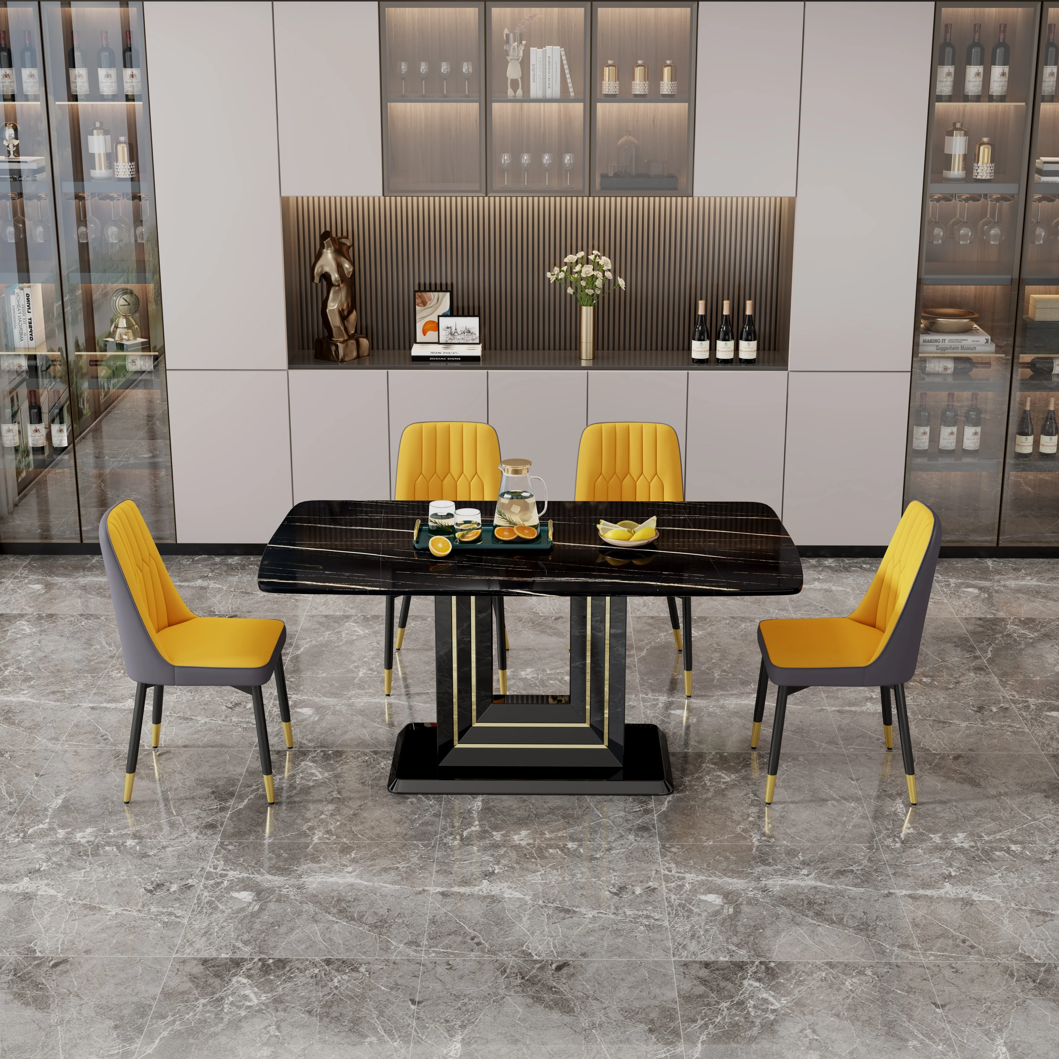 Modern Style Dining Set with Rectangular Black Imitation Marble Pattern Table and PU Leather Backrest Dining Chairs