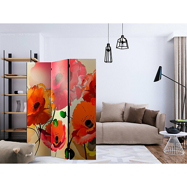 Paravent Coquelicots Velours - élégance et Intimité 135 x 172 cm Jaune et Rouge