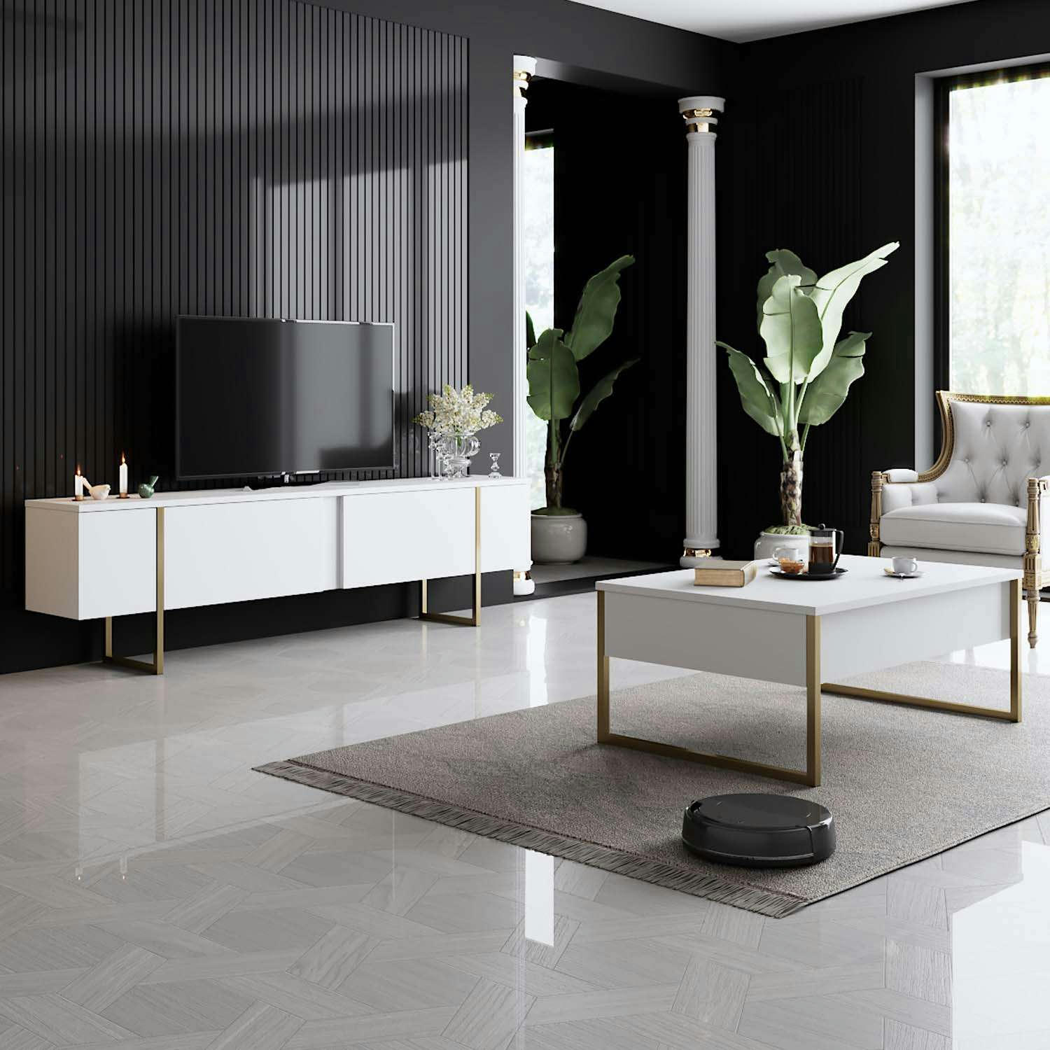 SIBYLLE - Table basse en aggloméré blanc et métal doré luxe