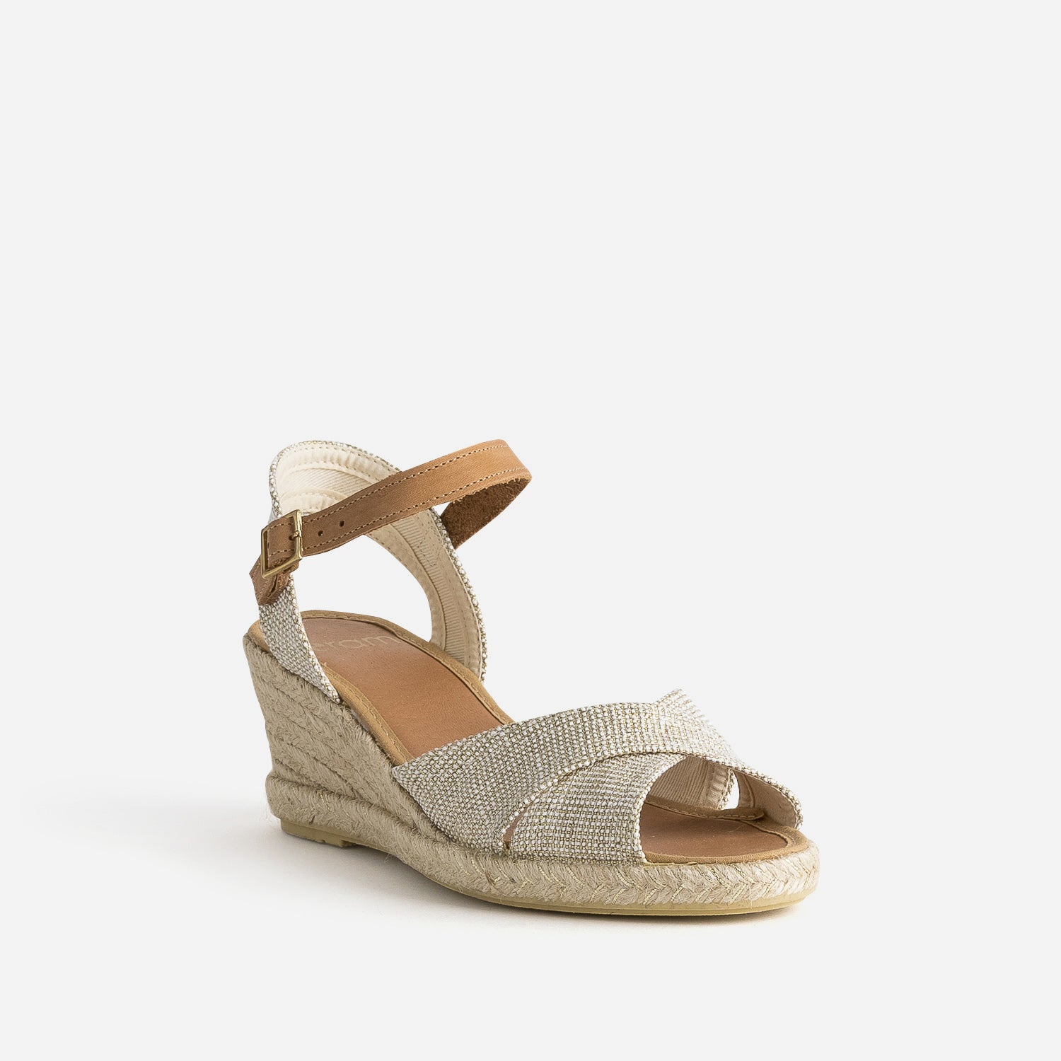 Sandale compensée beige pailleté or éco-conçu