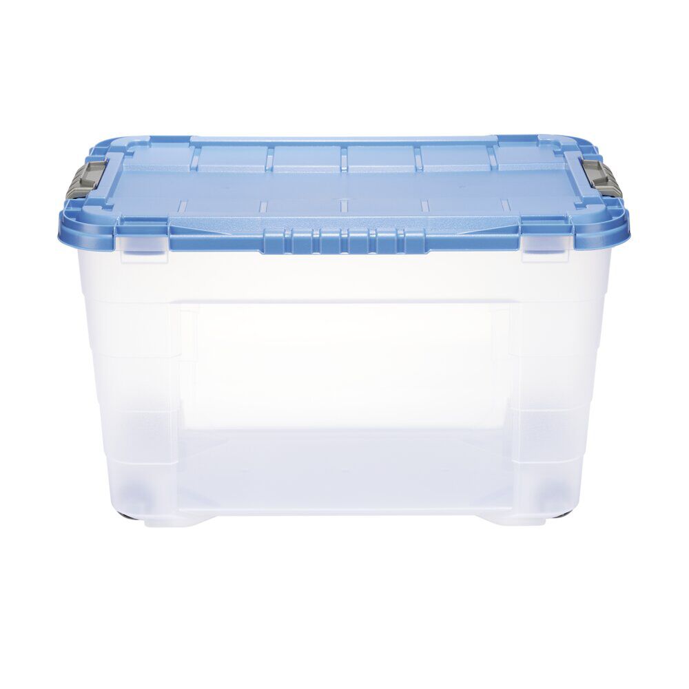 Box de rangement 60L plastique transparent 4 roues couvercle malin bleu 59x39xH36cm