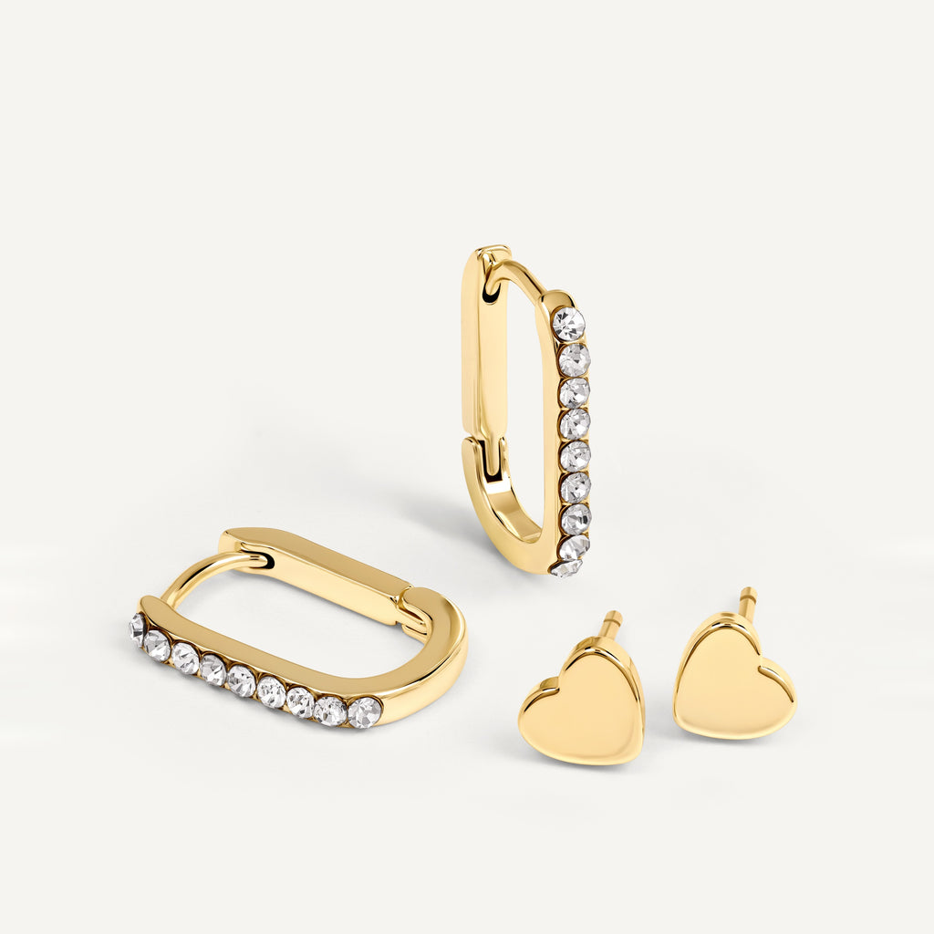 Alba Place - Gold Stone Set Huggie Hoops & Heart Stud Twinpack