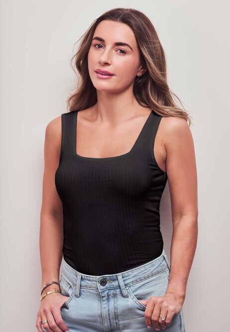 Womens Black Ribbed Square Neckline Vest Top