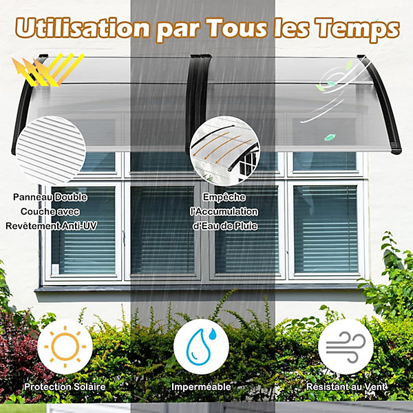 Auvent Porte d'Entree avec Protection Solaire,Résistant au Vent avec Panneau Revêtu à Double Couche et Support en ABS(102x99x28CM)
