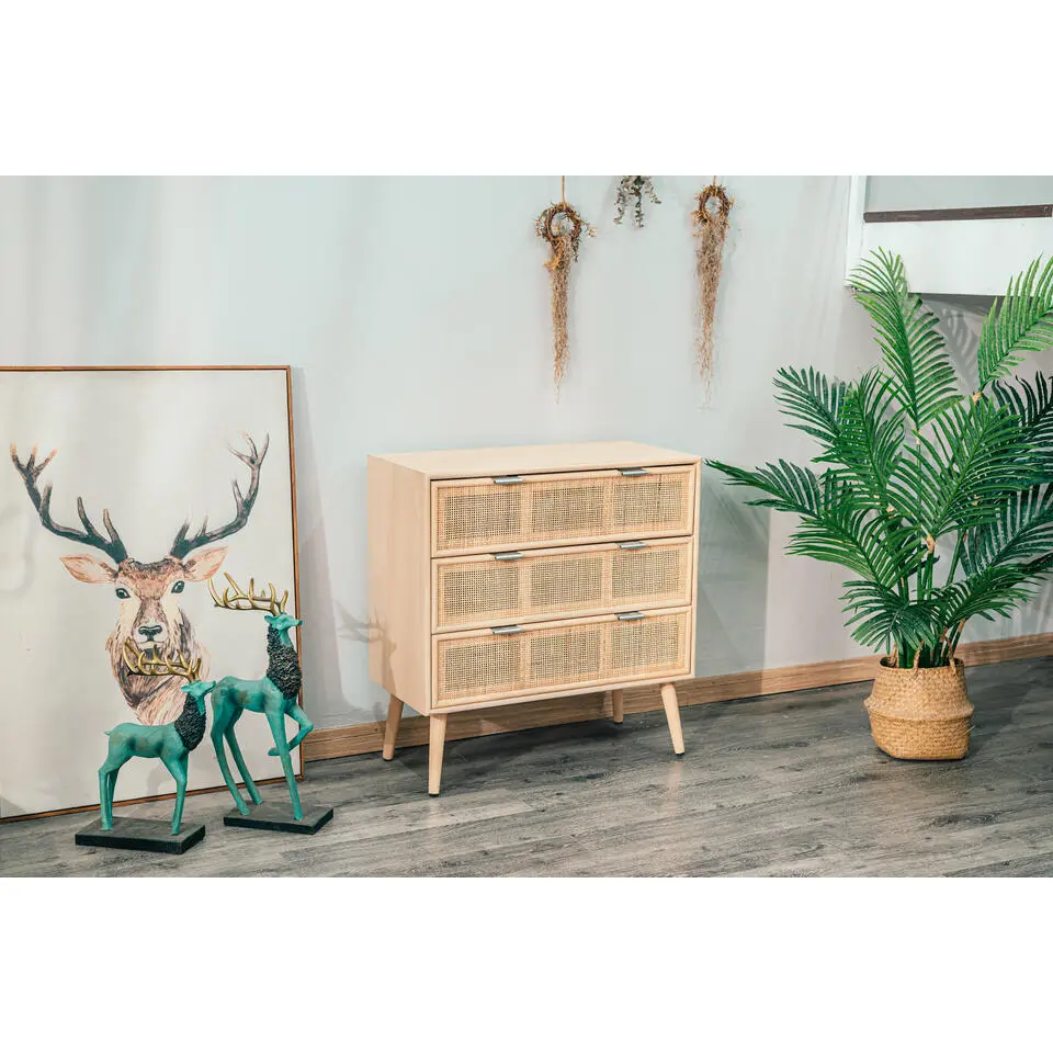 Ladekast met 3 laden van hout en natuurlijk rotan