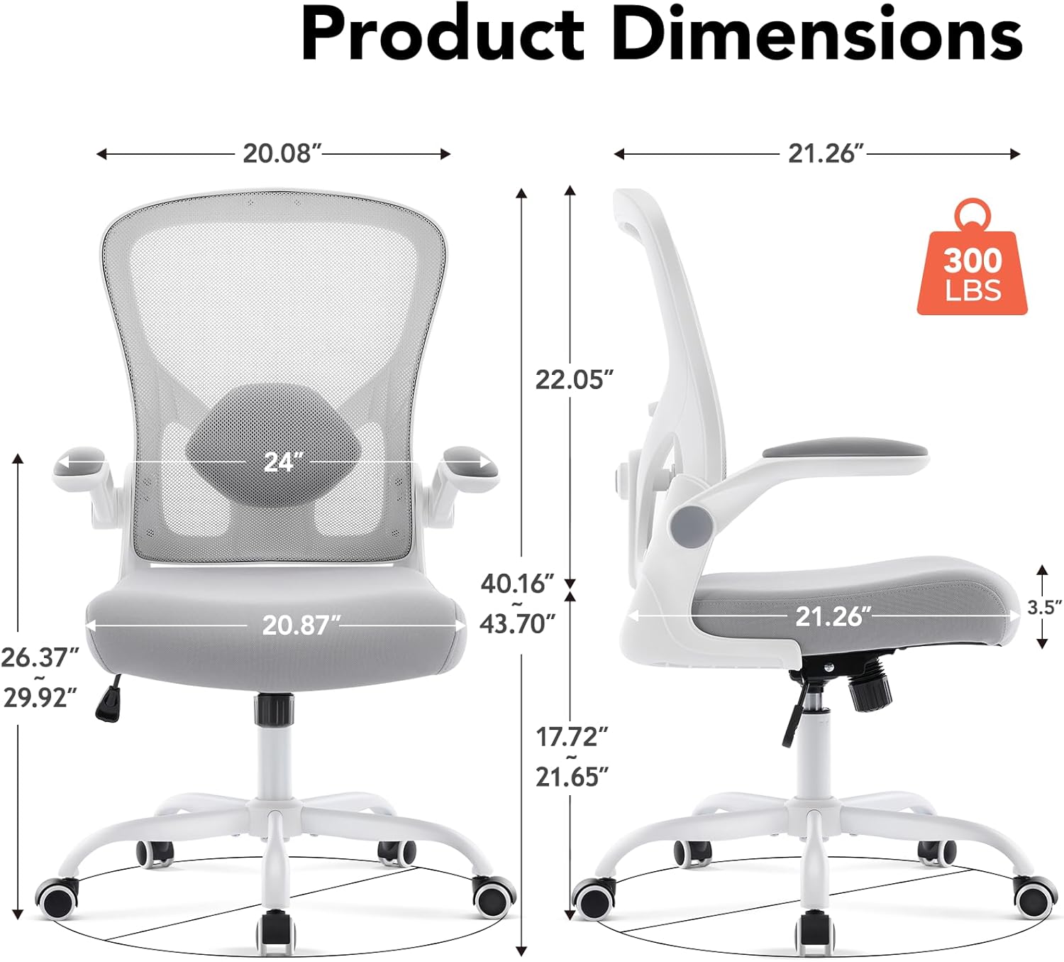 Ergonomic Office Chair, Computer Desk Chair with Adjustable Lumbar Support and Flip-up Armrests, Rocking Function, Comfy Mesh Office Desk Chair for Home Office, Grey