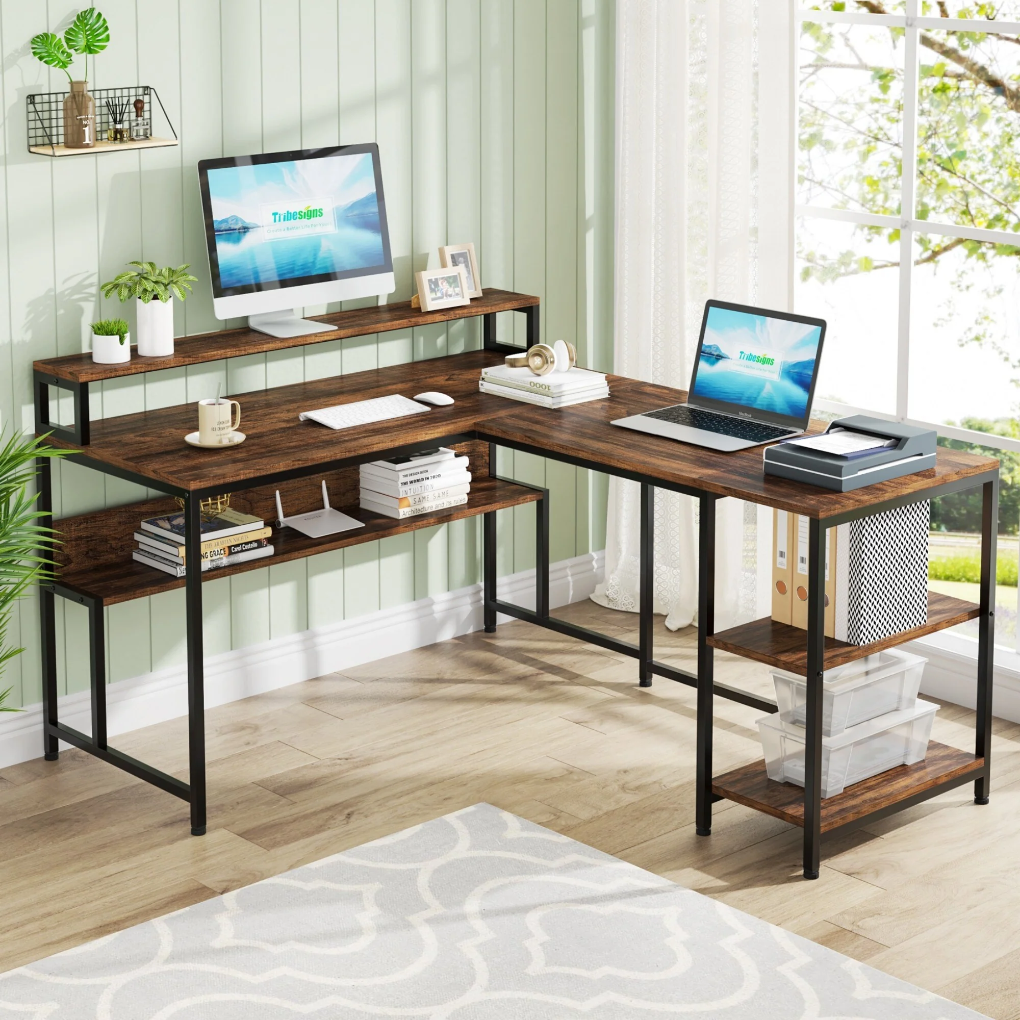 59-Inch Reversible L Shaped Computer Desk with Monitor Shelf