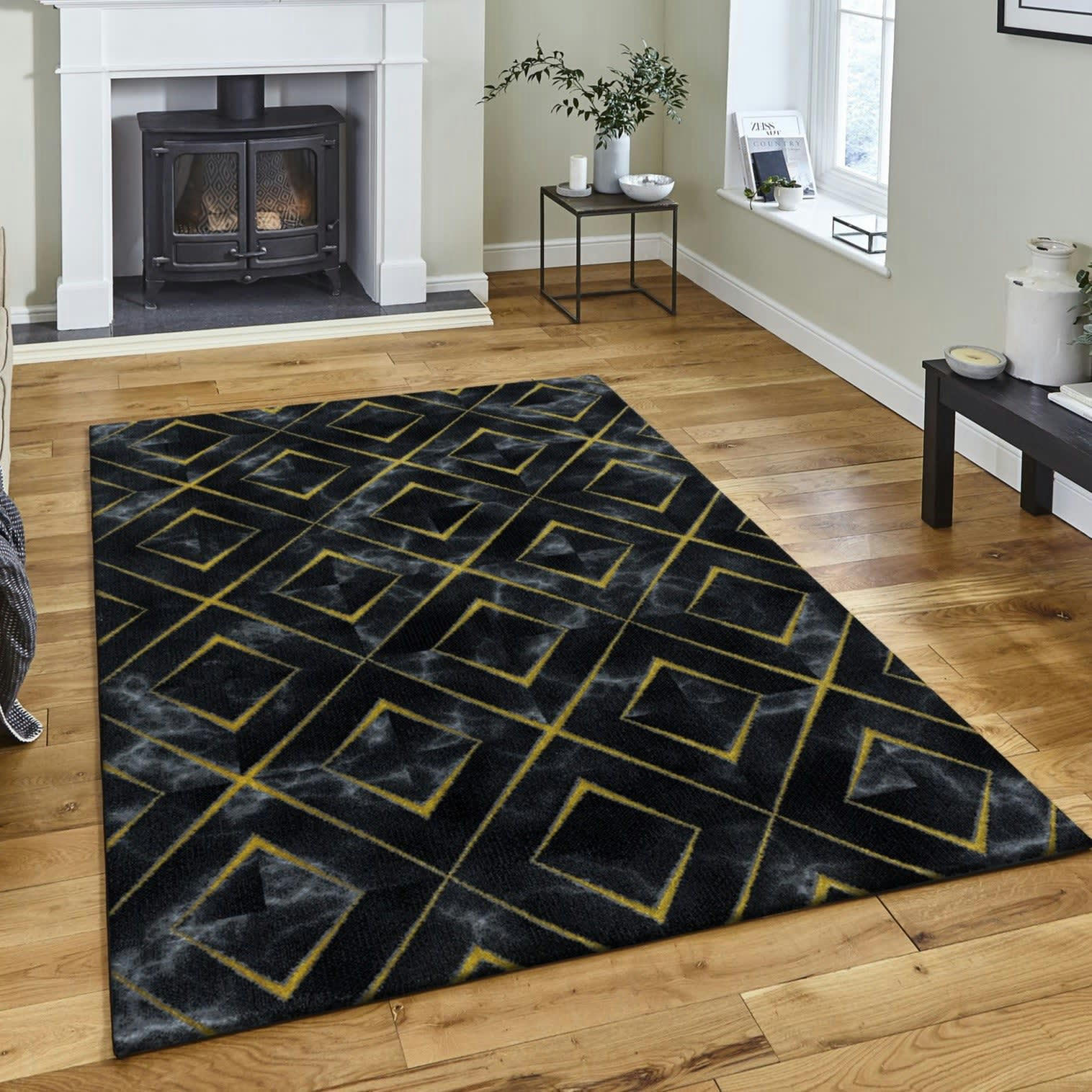 LOSA - Tapis marbre à losanges marbre noir et or 120x170cm