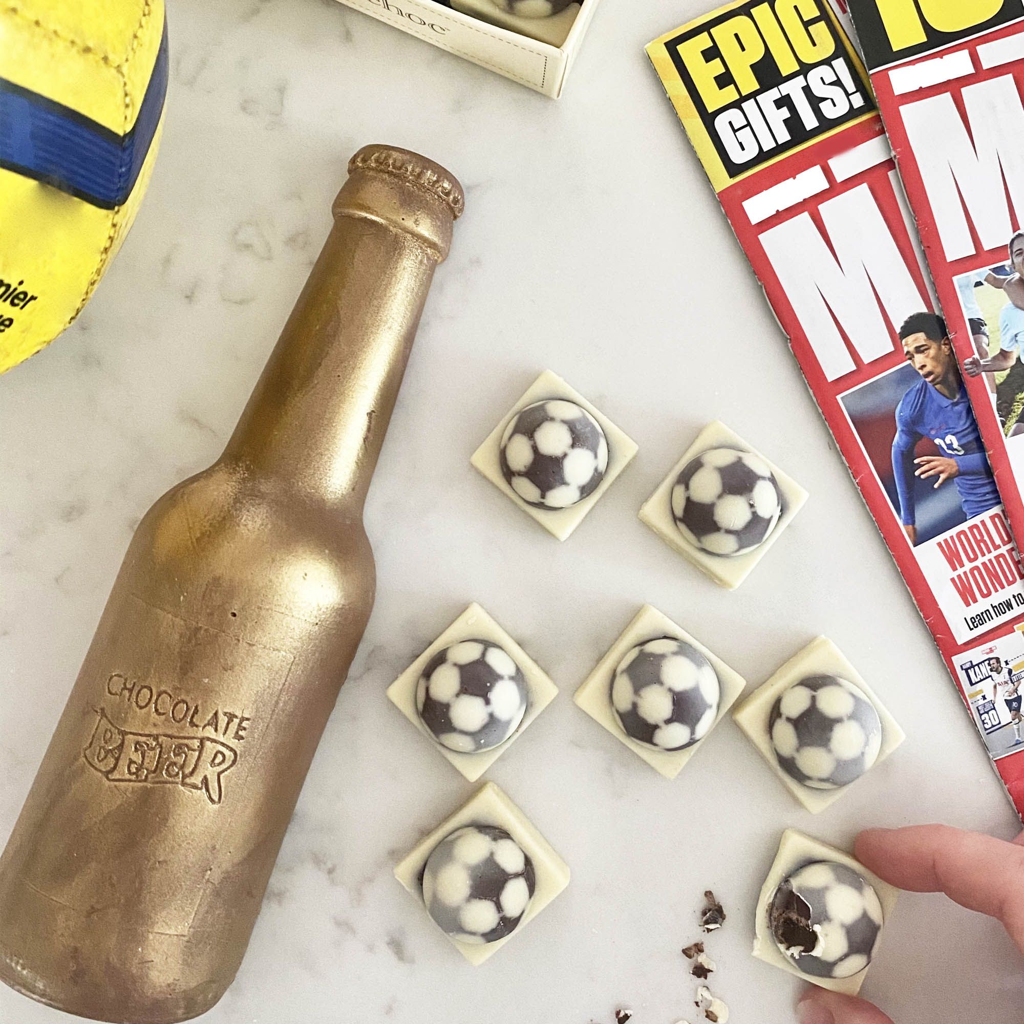CHOC ON CHOC Chocolate Beer Bottle And Footballs