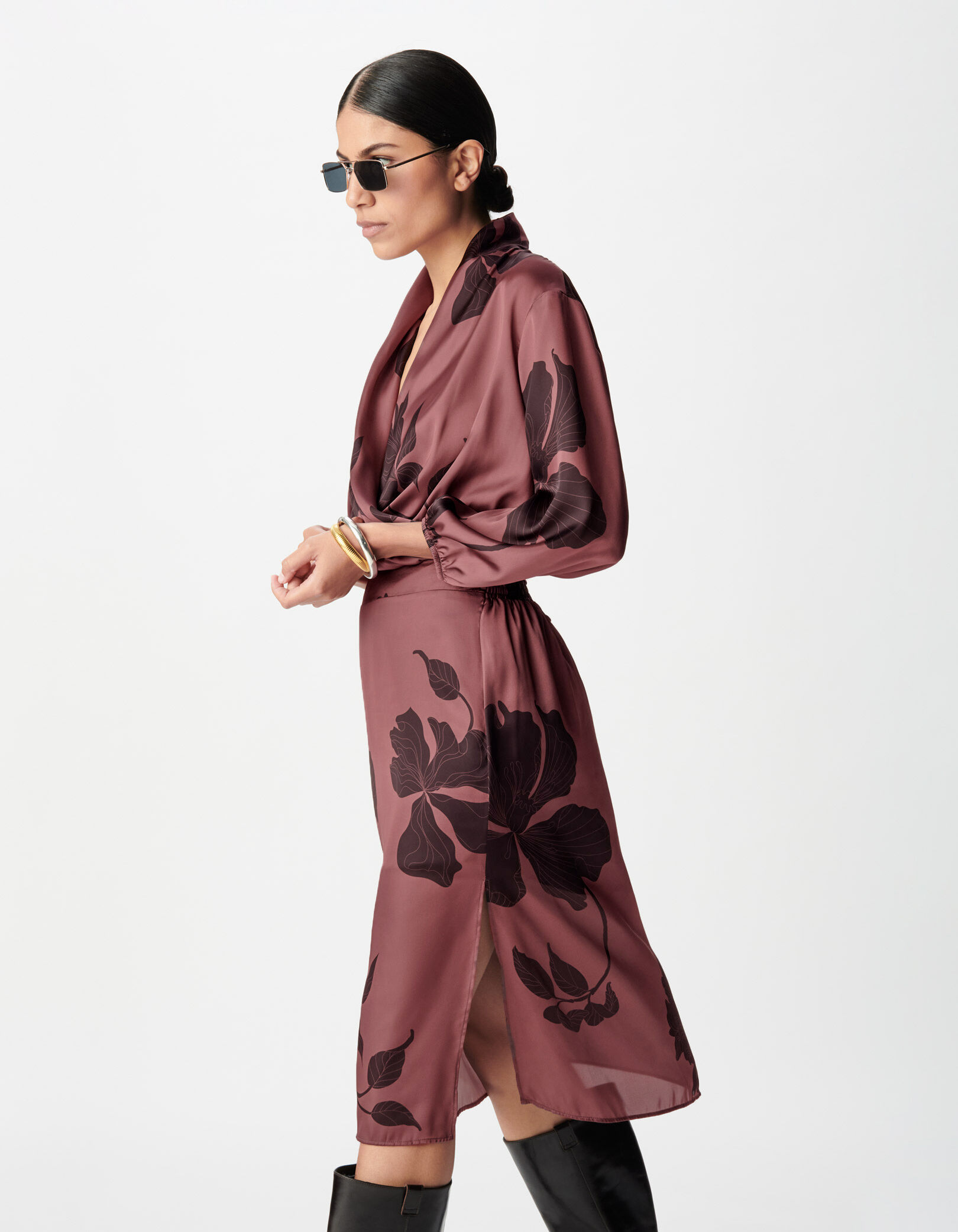 Robe midi bordeaux imprimé maxi floral Femme