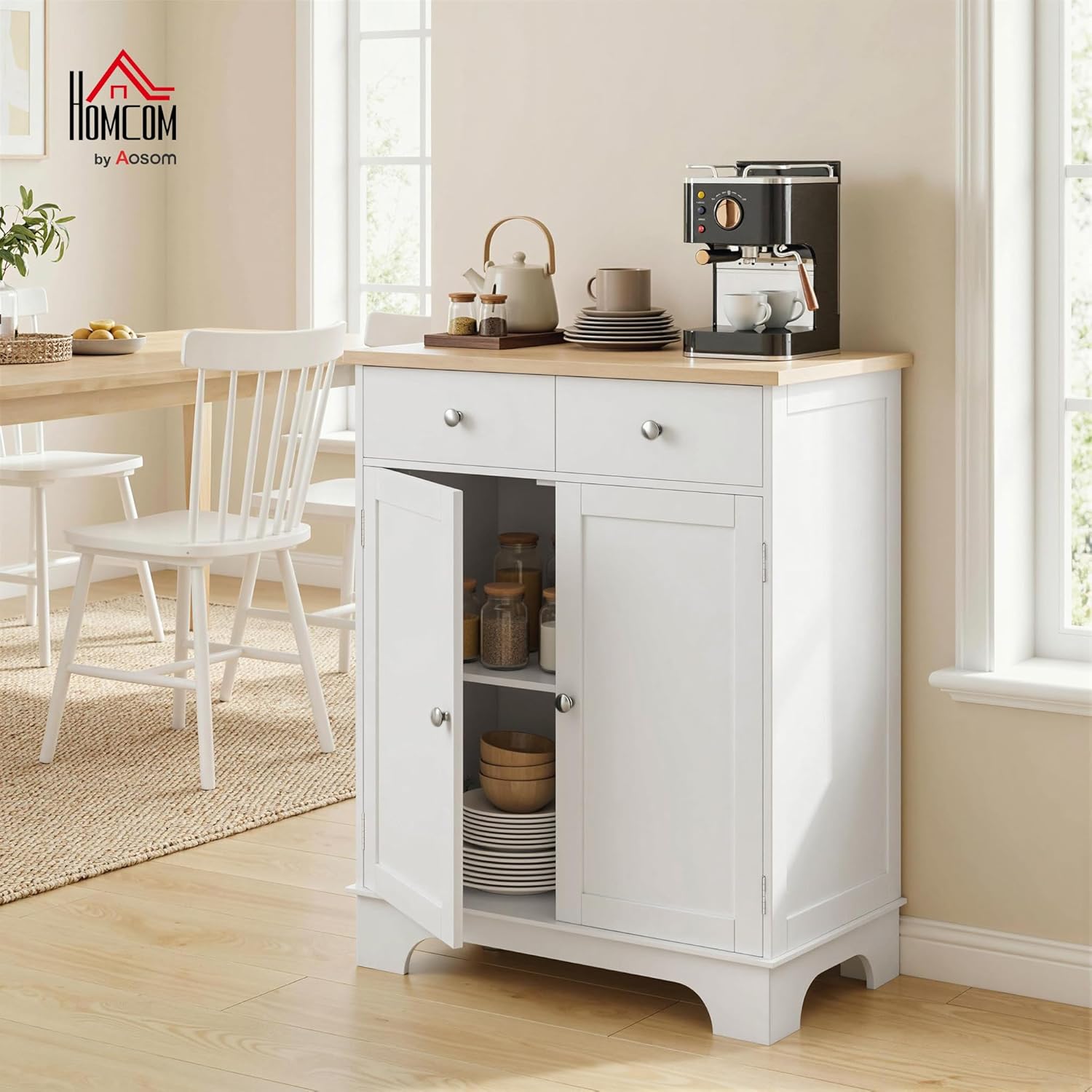 HOMCOM Sideboard Buffet Cabinet with Solid Wood Countertop, Modern Kitchen Storage Cabinet, Coffee Bar Cabinet with 2 Drawers, Doors and Adjustable Shelf, White