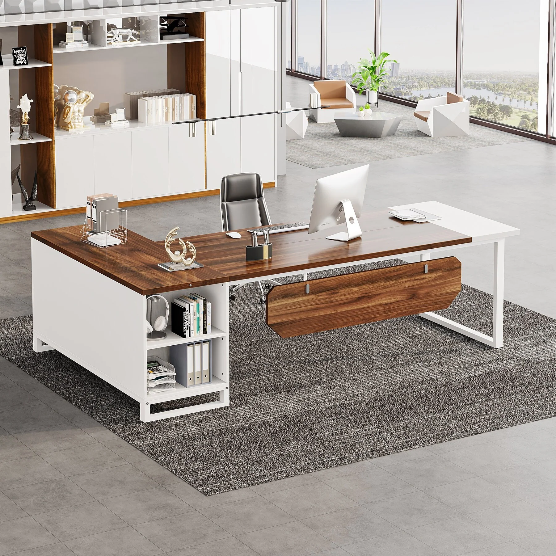 70.8’’ Executive Desk with 55” File Cabinet, Large L-Shaped Office Computer Desk with Storage Shelves and Cabinet