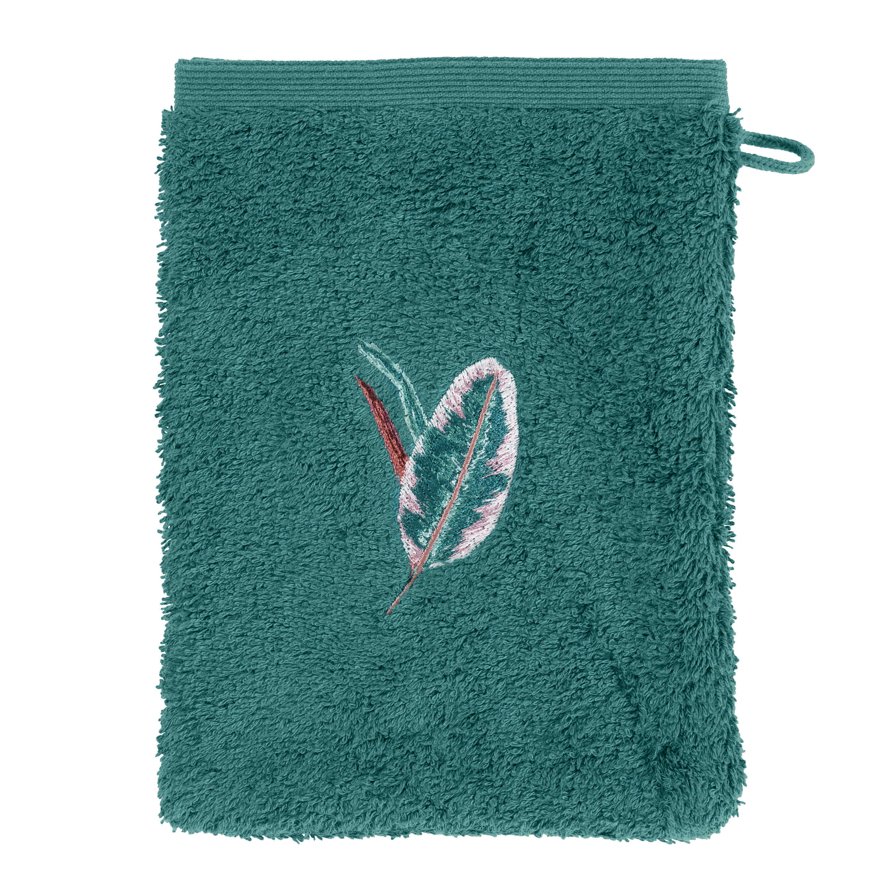 CALATHEA - Gant de toilette coton brodé bouclette vert 15x21