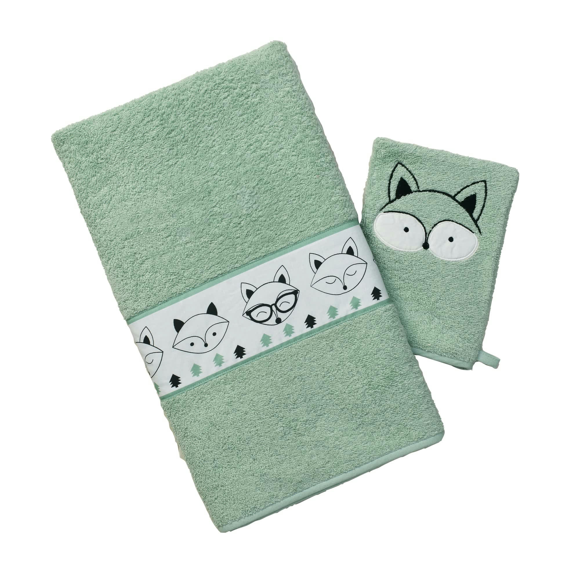 BABY - Serviette de bain + gant de toilette enfant verte 50x90 en coton