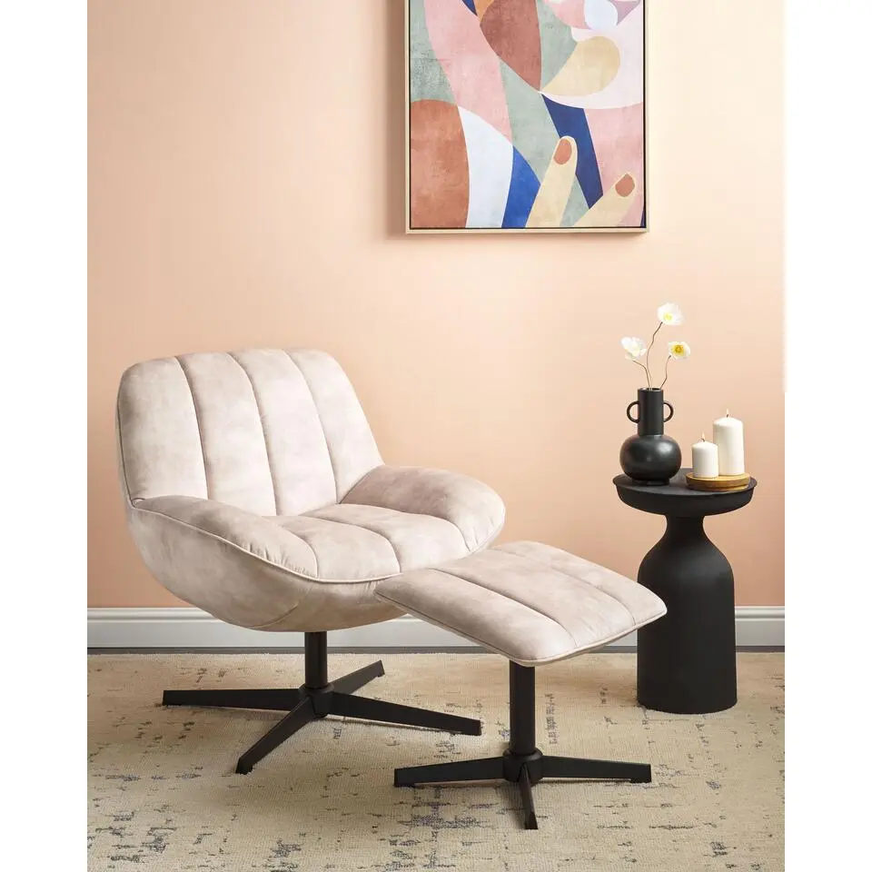 LIA - Fauteuil met hocker - Beige - Fluweel