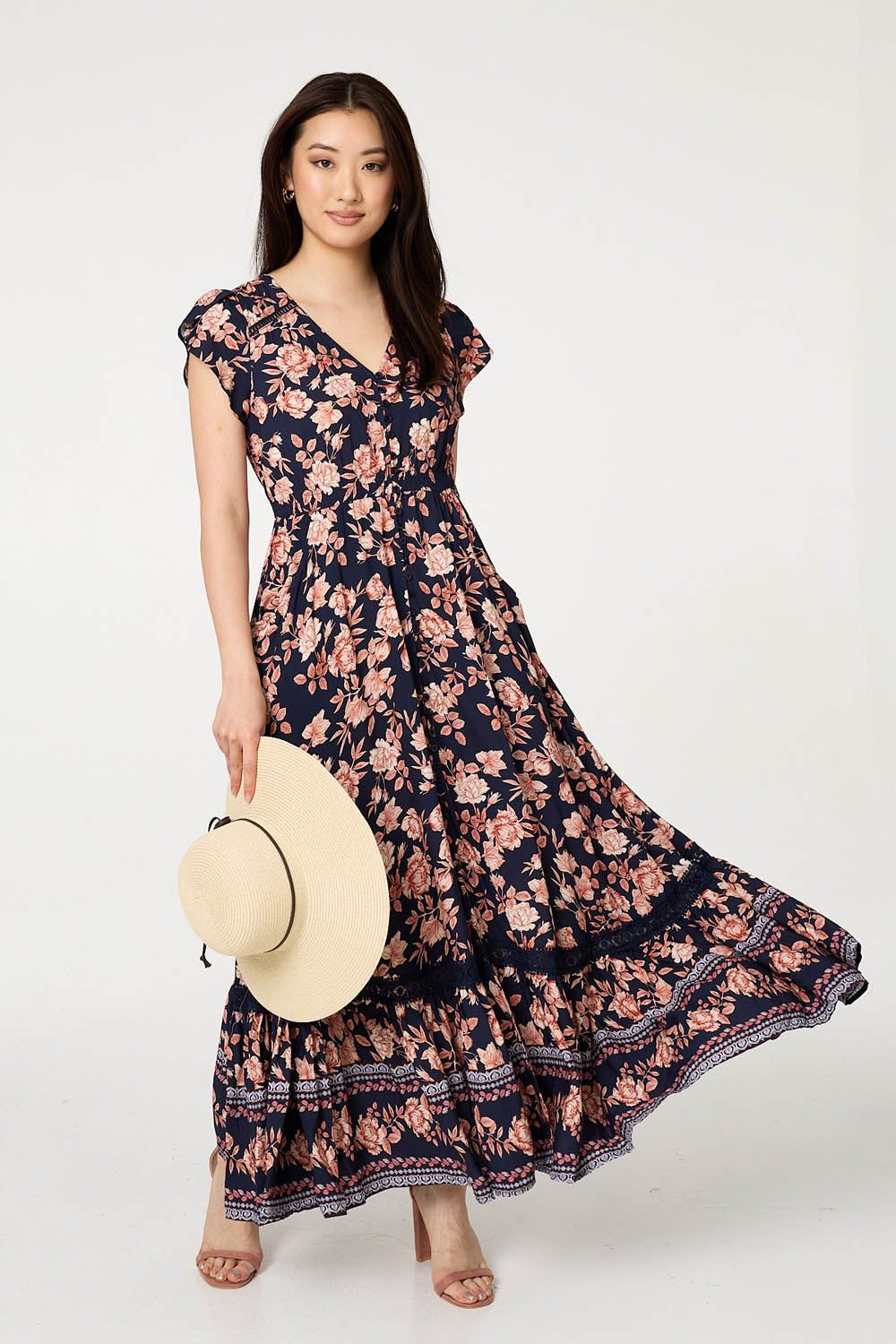 Izabel London Lace Trim Tiered Cap Sleeve Maxi Dress