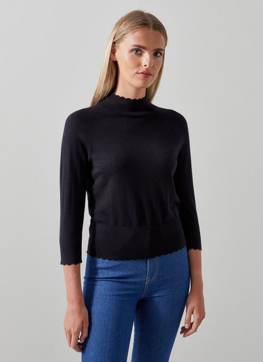 Betty Navy Sustainably Sourced Merino Wool Scallop Edge Jumper