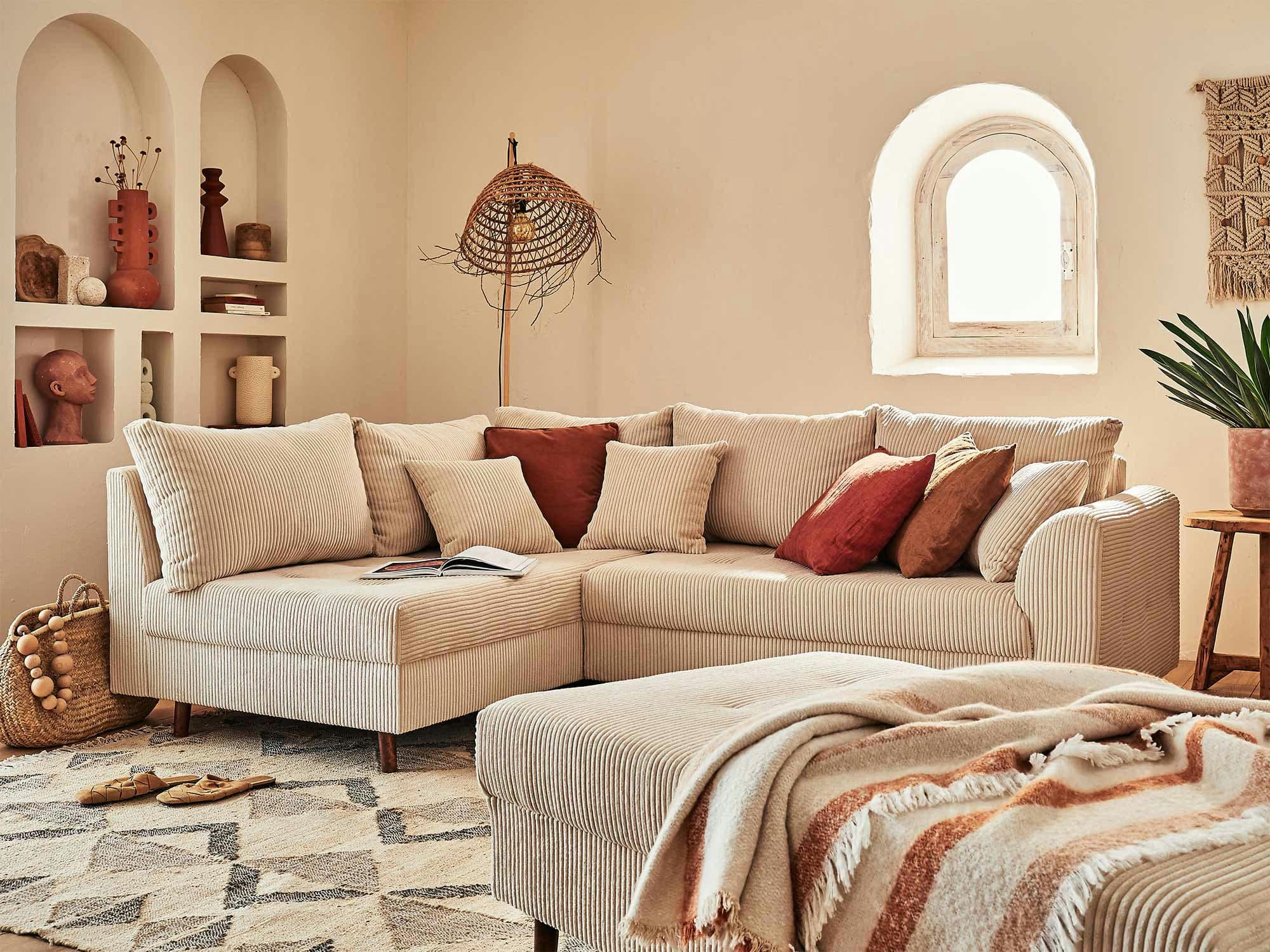 RUNE - Canapé d'angle gauche convertible 4 places en velours côtelé beige