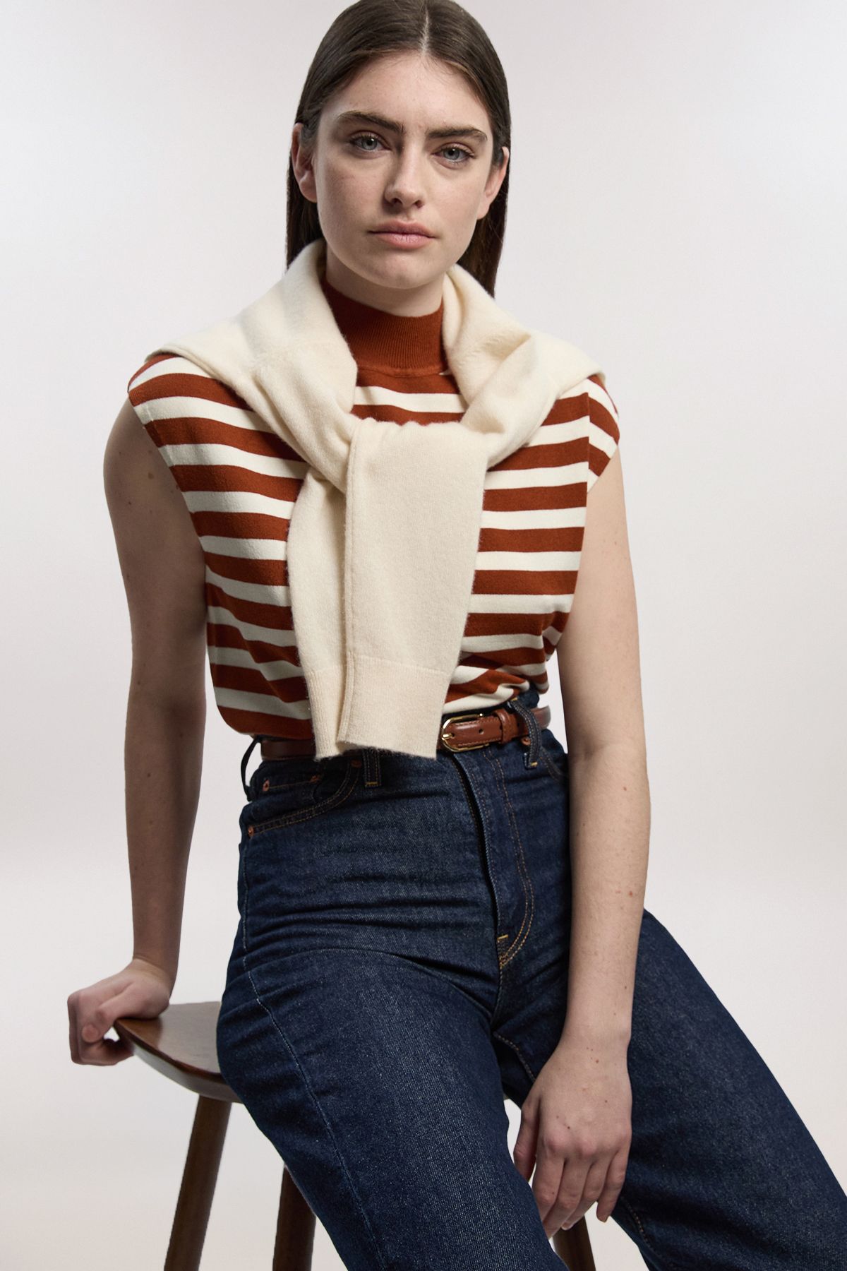 KarenMillen Viscose Blend High Neck Stripe Knitted Tank Top