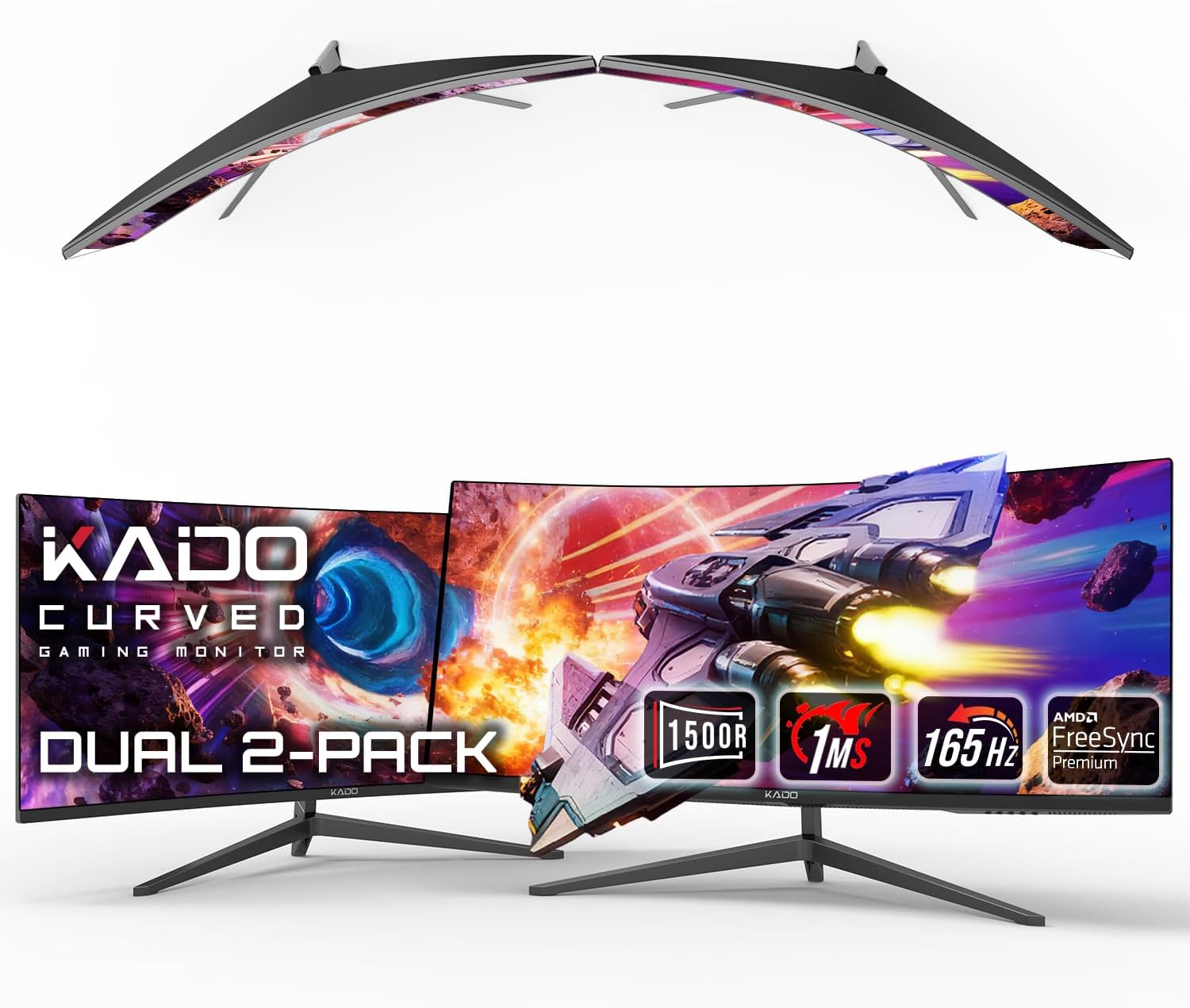 Kado Dual Gaming Monitor Setup - 2-Pack 34 Curved 1500R 21:9 Ultrawide 3440x1440 165Hz 1ms WQHD Computer Monitor  Stacked Setup AMD FreeSync Premium  VESA Mount HDMI DisplayPort Built-in Speakers