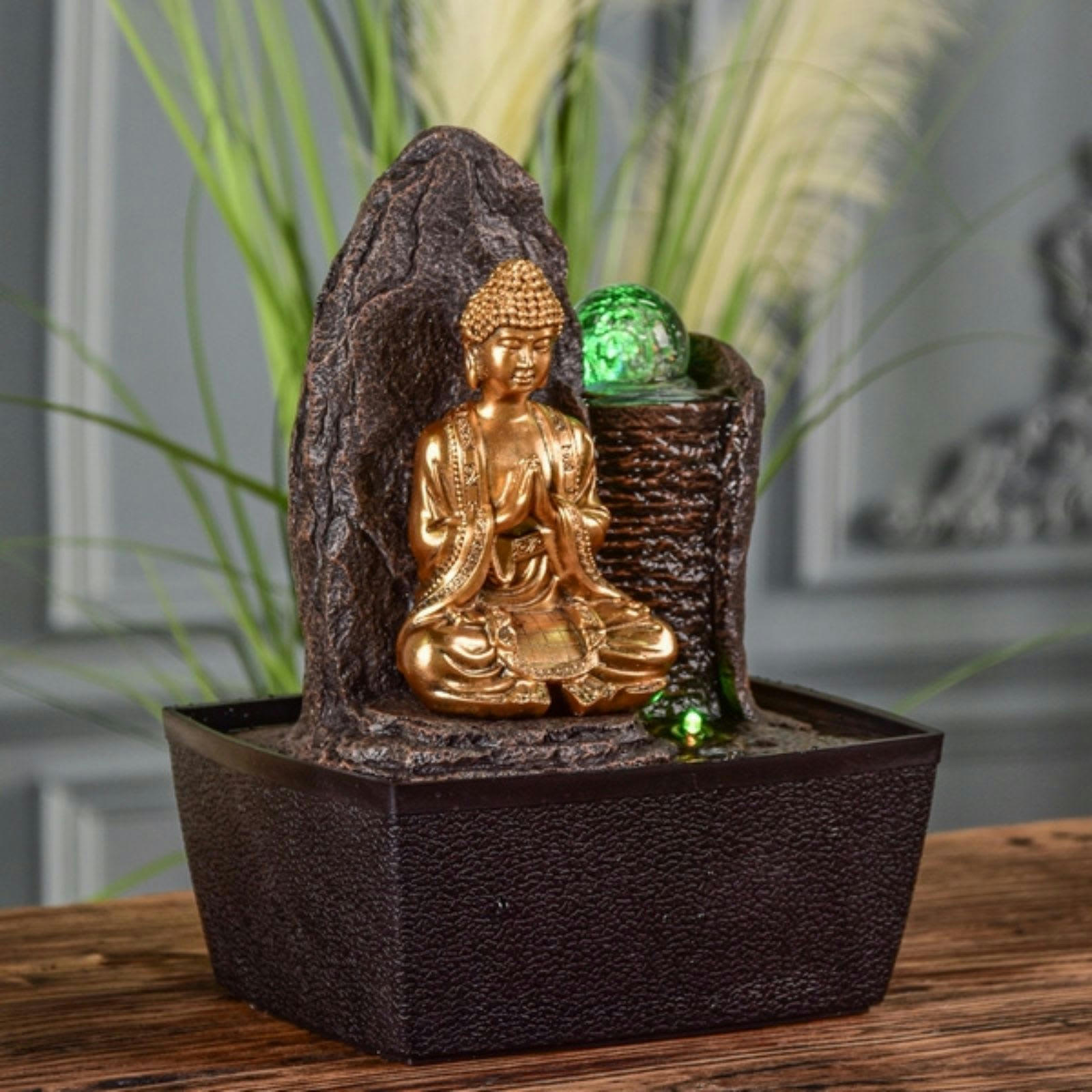 HAKA - Fontaine Zen Bouddha et Mur d'eau en résine marron et doré - H 25cm