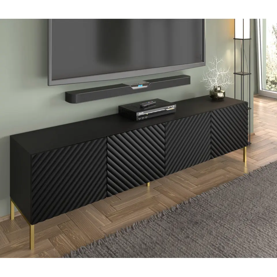 SURF TV-meubel 4D 200 cm mat zwart gouden frame