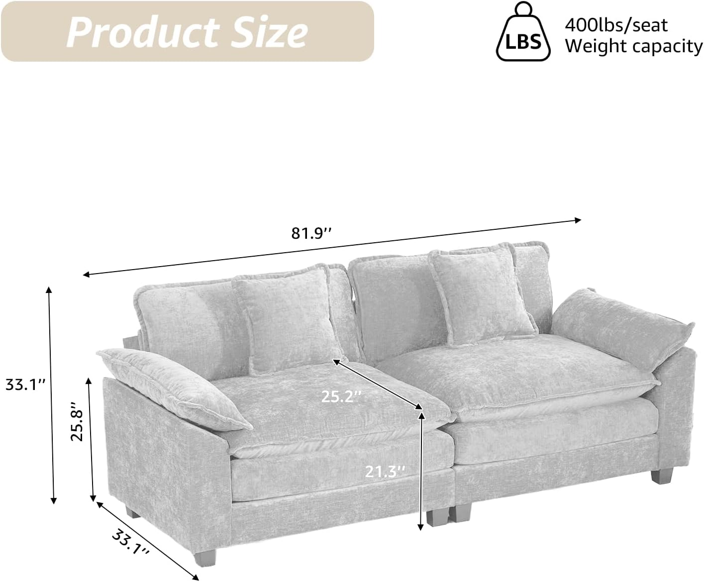 81.9 Modern Love Seat Sectional Couches for Living Room, Beige Chenille Comfy Cloud Sectional Couch, Modular Loveseat Sofa Set for Living Room, Sofas para Sala, Cozy Couches (Beige, 2+0 Set)