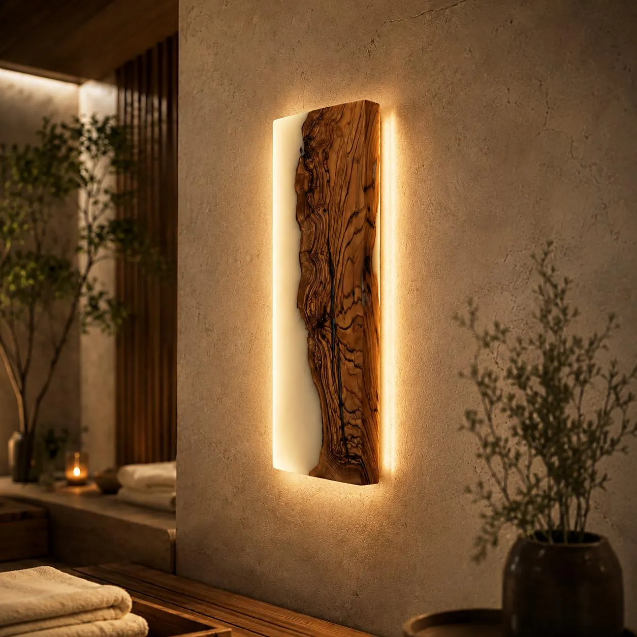 Olive Wood LED Wall Sconce | Modern Interior Lighting Accent for Luxury Home, Bathroom, Hallway & Bedroom Decor | Handmade Wall Light