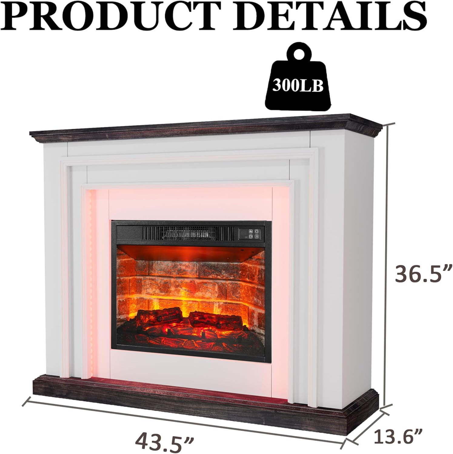 44 Inches LED Lights Electric Fireplace with Mantel, Tall Fireplace Heater Freestanding, Delicate Three-Dimensional molding with Remote Control Timer LED Flame for Living Room, Bedroom, White&Brown