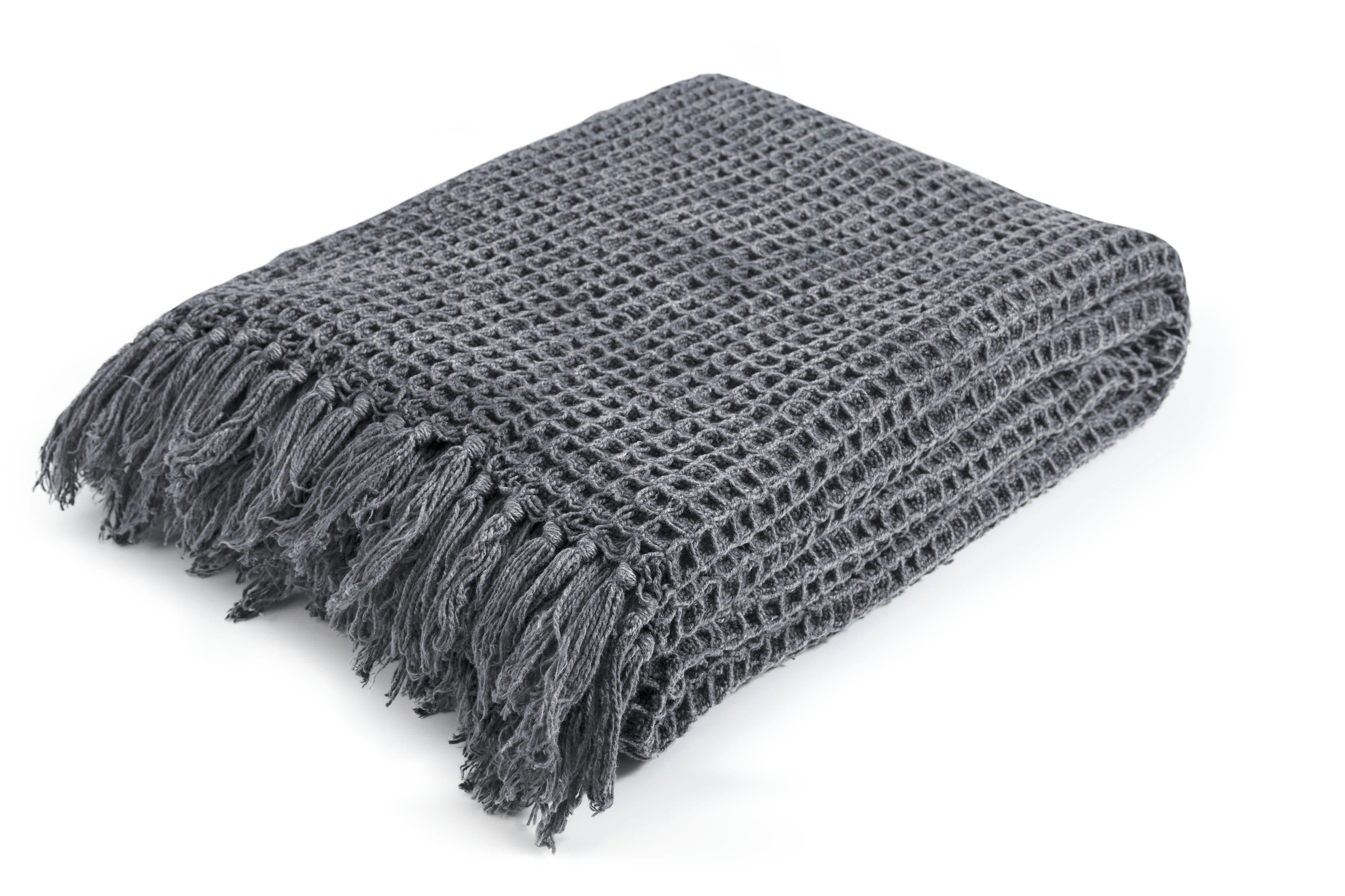 WAFFLE - Plaid en 100% coton lavé  à franges nouées gris 170 x 130