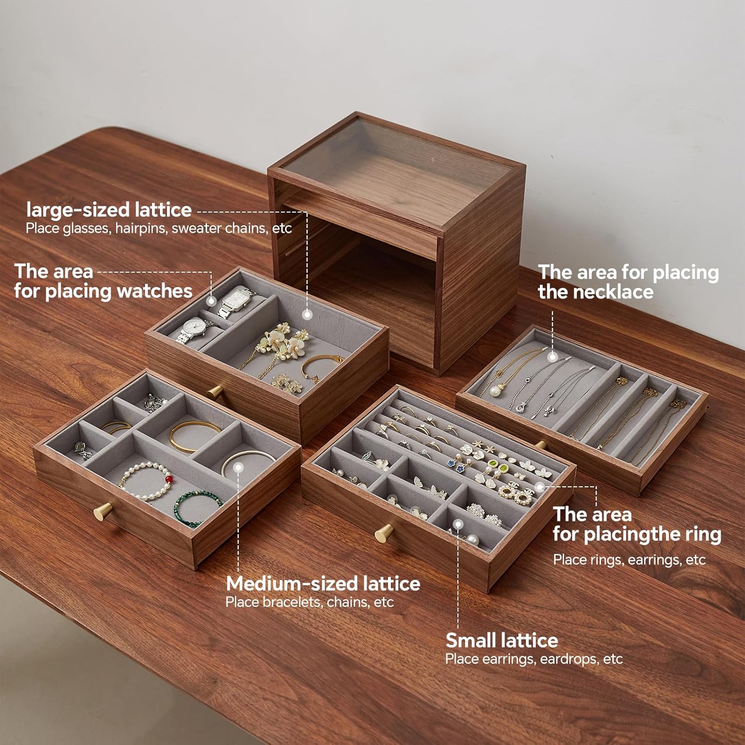 Black Walnut Jewelry Organizers and Storage,4 Layer Wooden Jewelry Boxes for Women,for Necklaces Ring Earring (4 Layer)