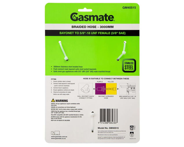 Gasmate Braided Bayonet Hose - 3000mm (Bayonet To 5/8" UNF (3/8" SAE))