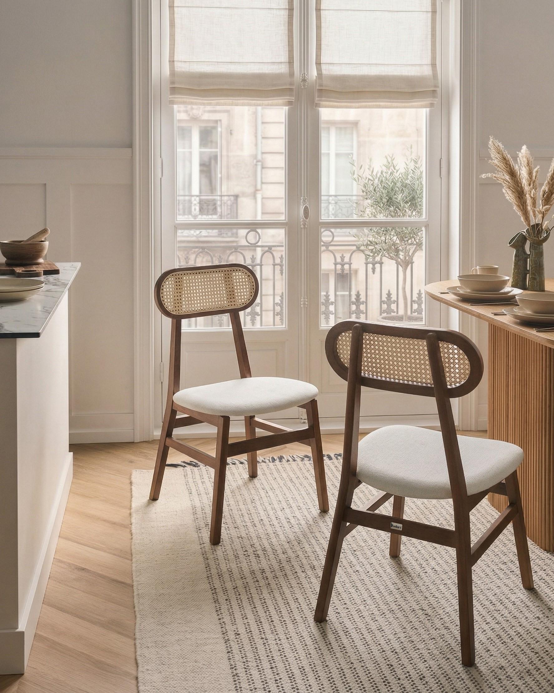 Set of 2 Dining Chairs FALLON Wood Brown/ Light Beige