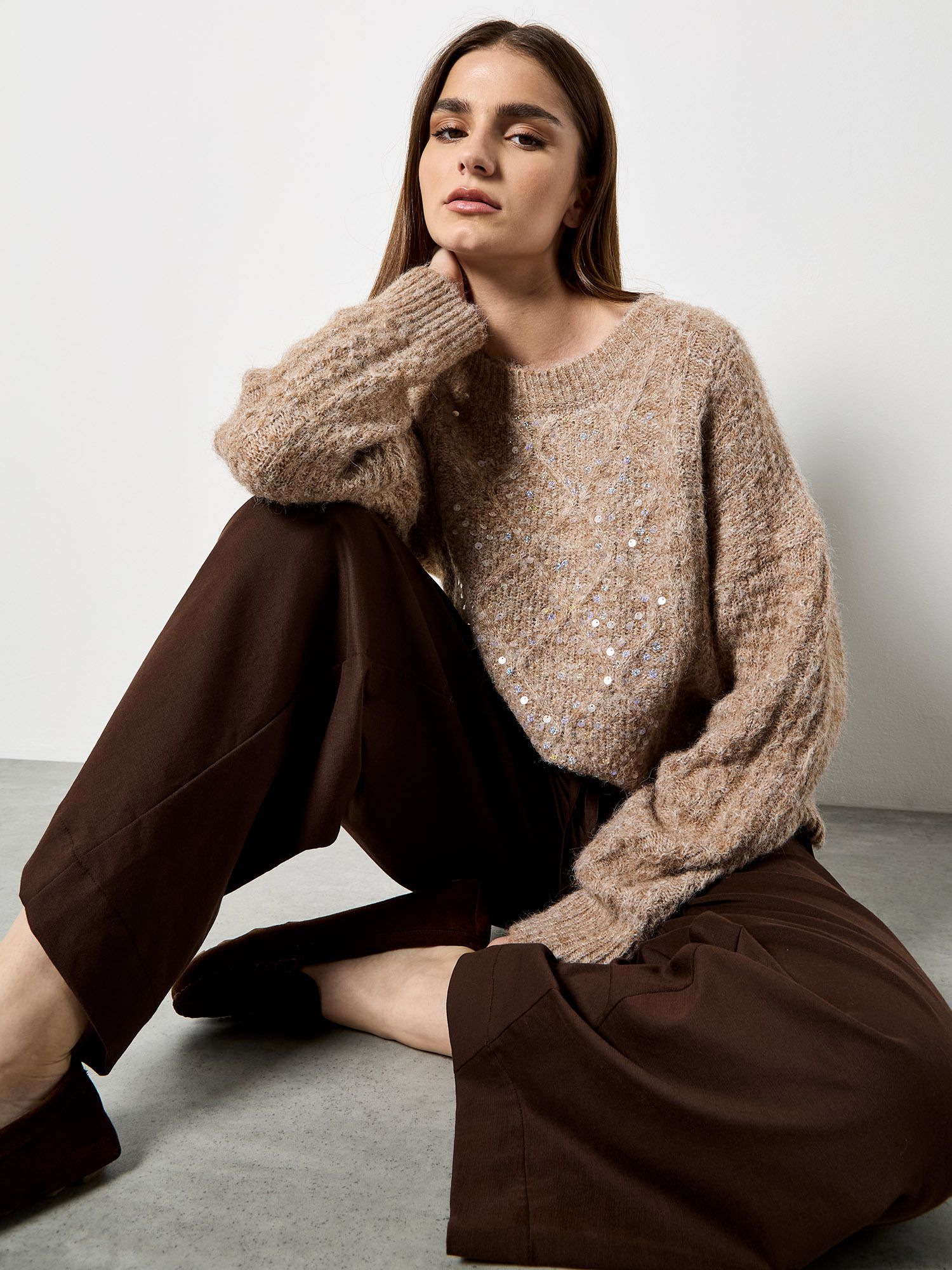 Apricot Iridescent Sequin Cable Knit Jumper